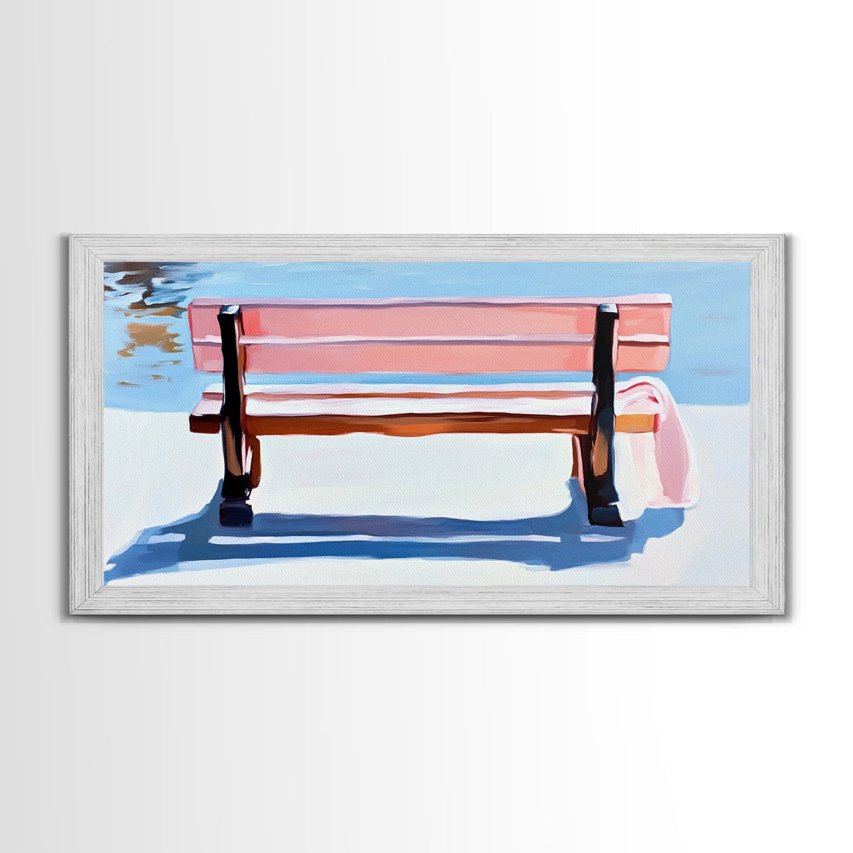 Park Bench, Peaceful Moment, Minimalist Art, Living Room Wall Art, Pastel Landscape, Framed Canvas Print, Impressionist Style, Soft Blue Pink