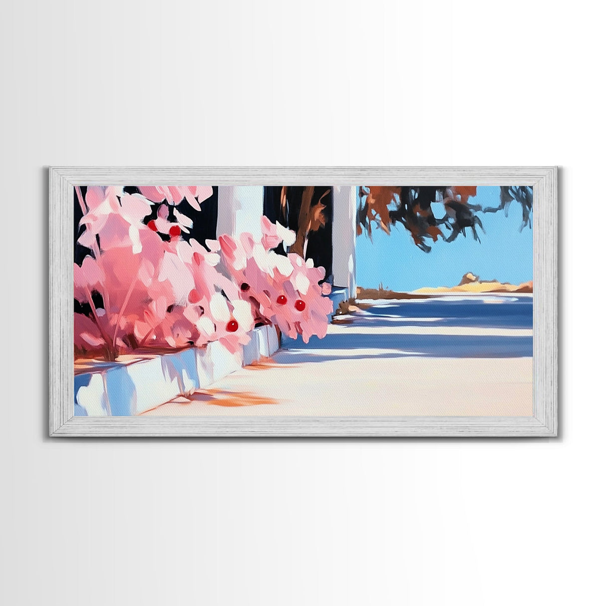 Flowers, Sunlit Walkway, Mediterranean Style Art, Floral Painting, Romantic Landscape, Framed Canvas Print, Outdoor Wall Art, Pastel Tones
