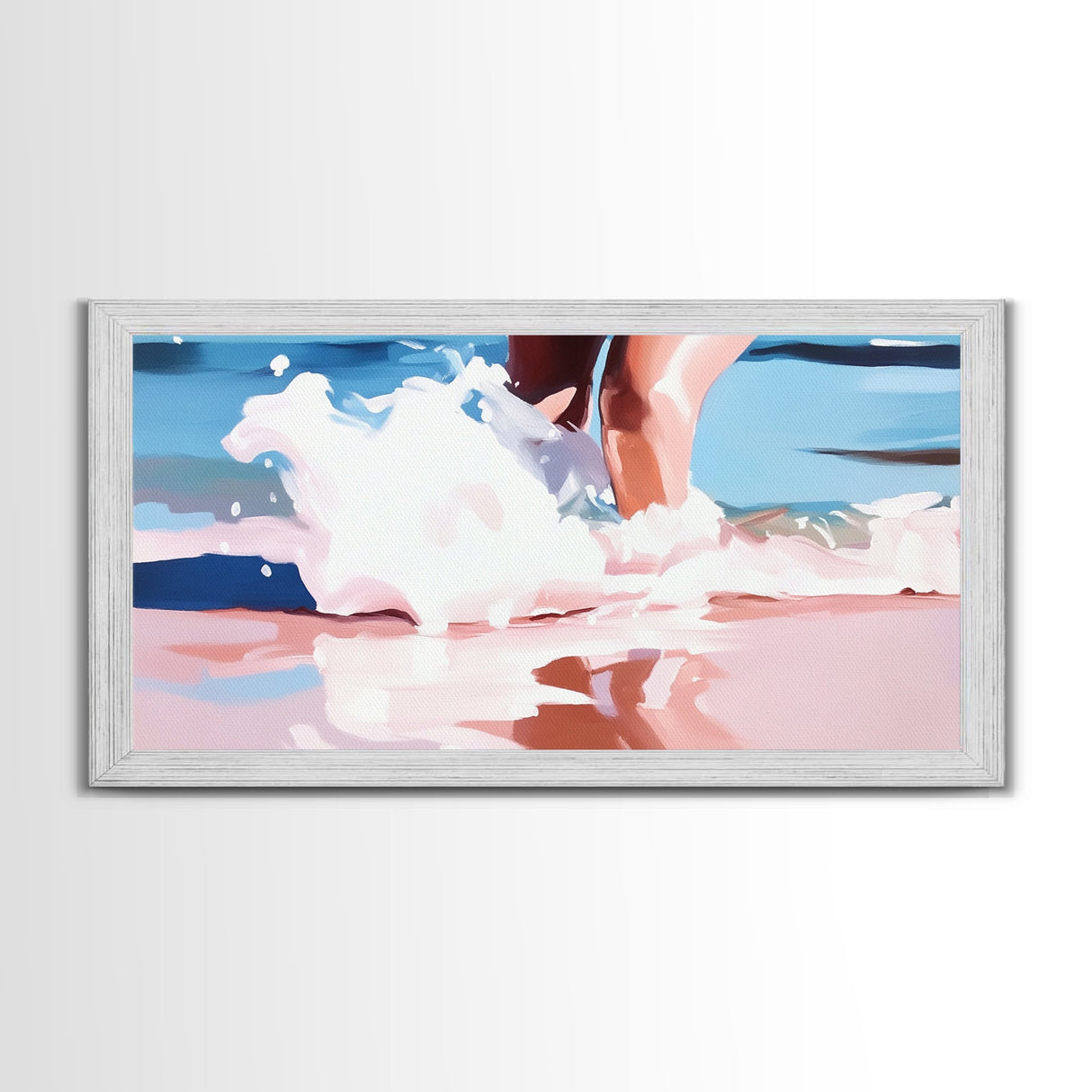 Ocean Waves, Coastal Beach Art, Water Splash Photography, Summer Boho Print, Blue and Pink Pastel Tones, Framed Canvas Print, Bathroom Art