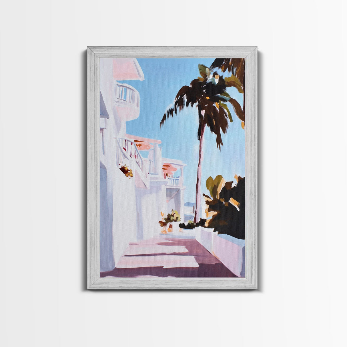 Tropical Balcony View, Palm Tree Painting, Coastal Boho Art, Framed Canvas Print, Mediterranean Aesthetic, Living Room Wall Art, Beach House Decor