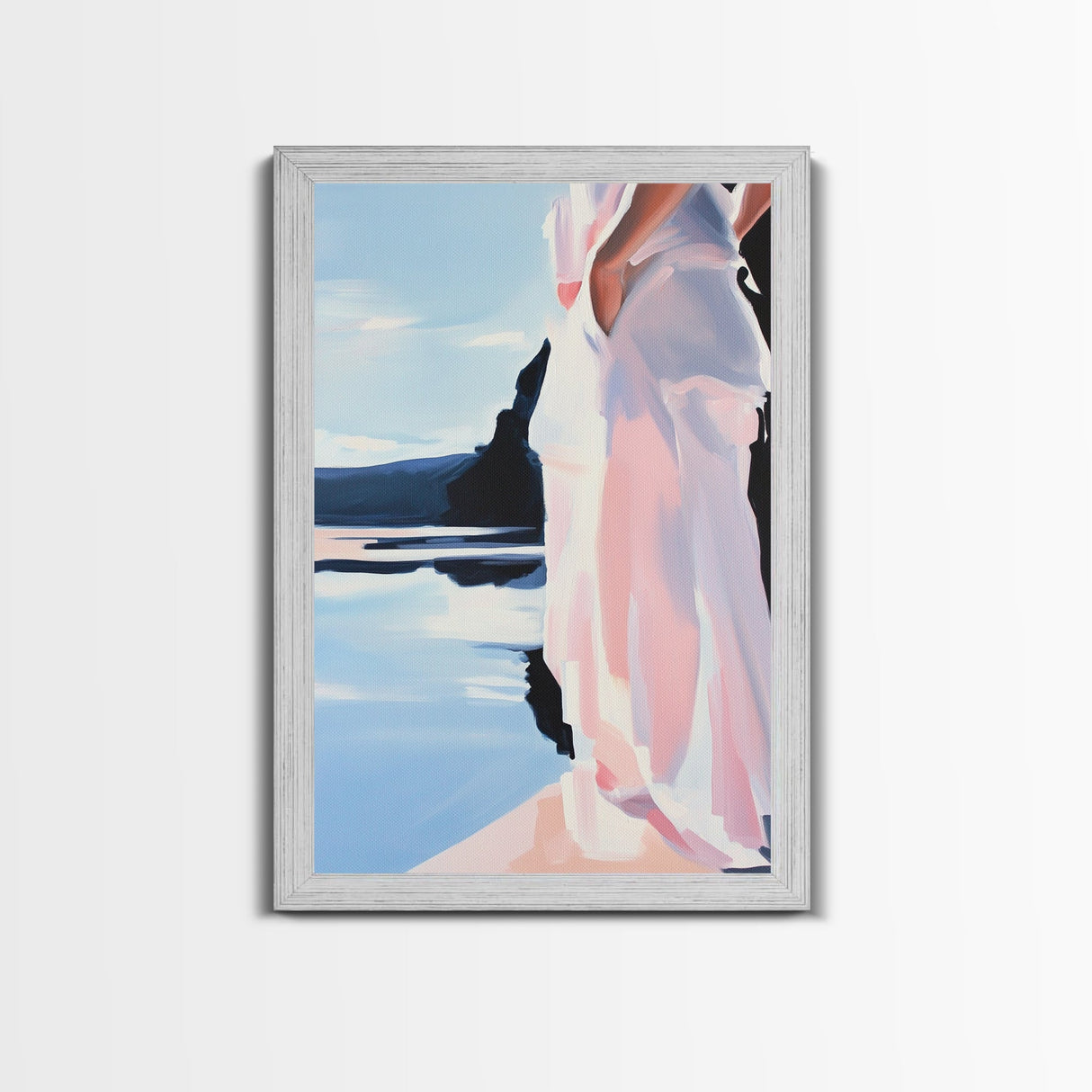 Woman by Water, Soft Pastel Art, Romantic Beach Scene, Minimalist Print, Framed Canvas Print, Tranquil Home Decor, Feminine Wall Art