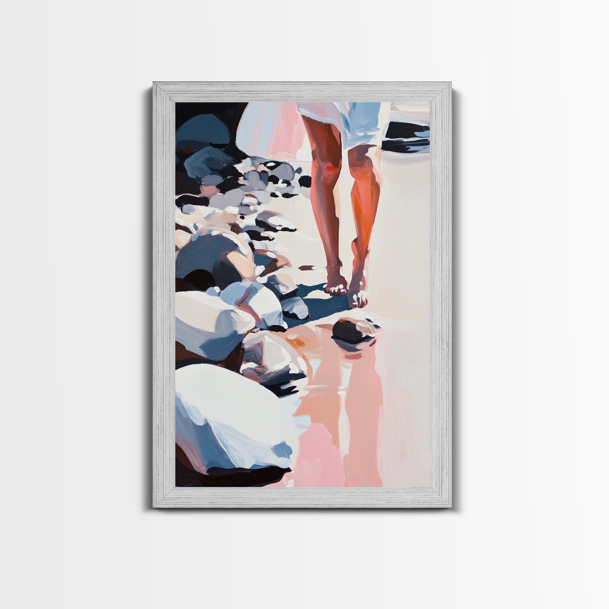 Walking on Rocks, Coastal Reflection, Beach Serenity, Soft Pastel Art, Framed Canvas Print, Nature Home Decor, Modern Wall Art