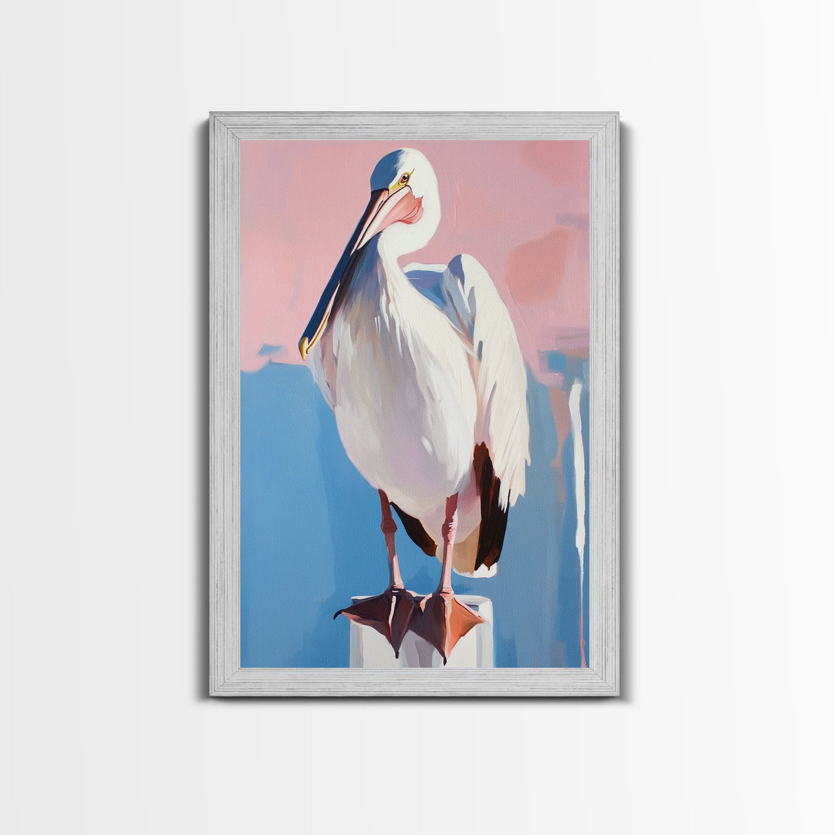 White Pelican, Coastal, Bird Art, Pastel, Beach House, Nature, Wildlife, Serenity, Aesthetic, Light Blue, Living Room, Canvas Print