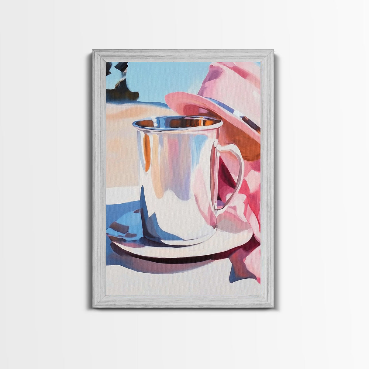 Silver Cup and Hat, Elegant Still Life, Minimalist Kitchen Decor, Soft Pastel, Modern Aesthetic, Canvas Print, Framed Canvas Print