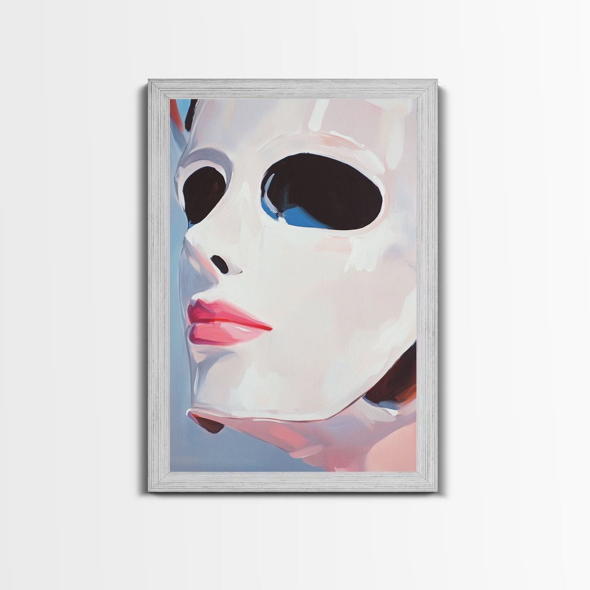 White Mask Portrait, Feminine Art, Minimalist Decor, Abstract Face Painting, Modern Aesthetic, Canvas Print, Framed Canvas Print