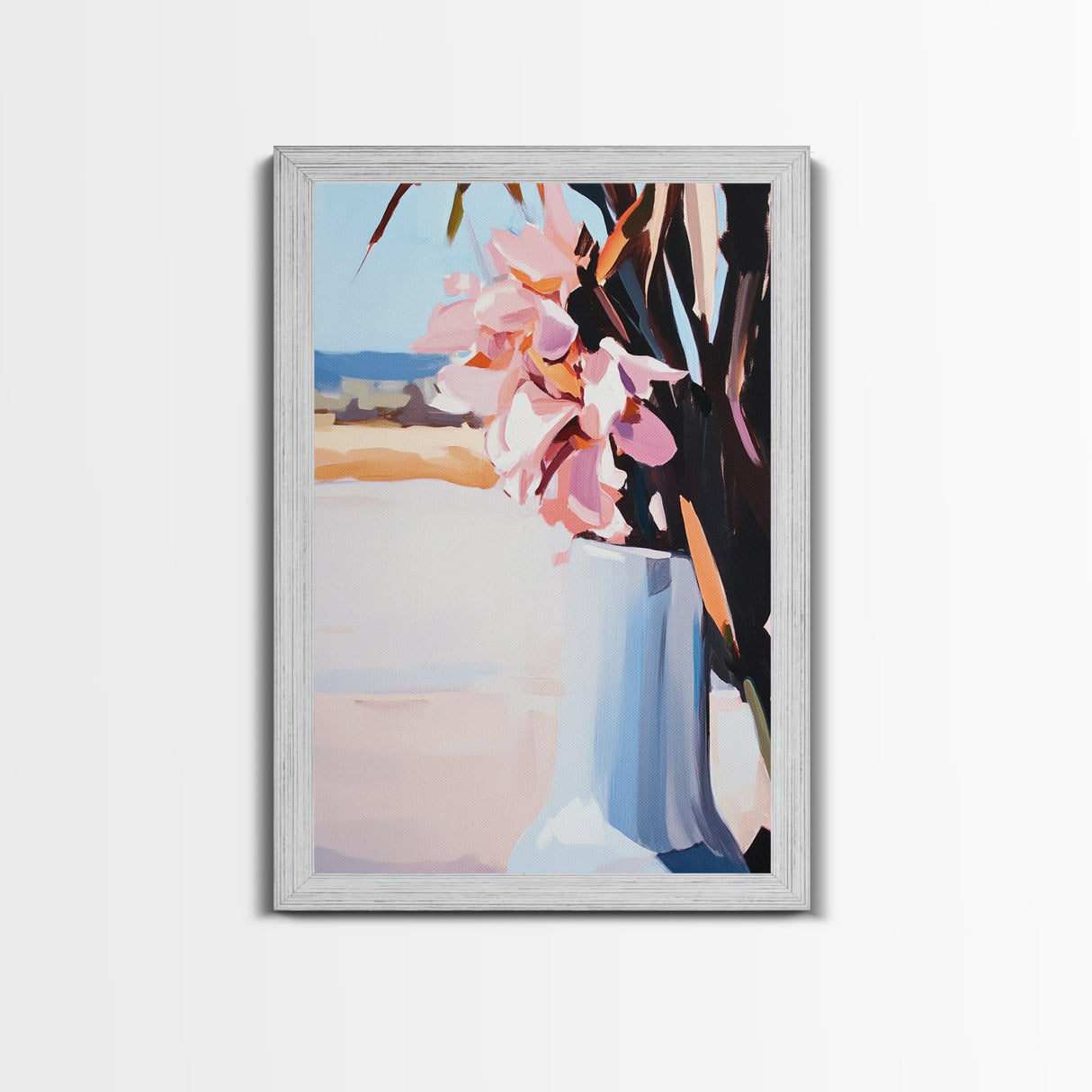Beach Vase, Coastal Florals, Ocean Breeze, Relaxing Summer Art, Minimalist Aesthetic, Pastel Painting, Living Room Art, Canvas Print