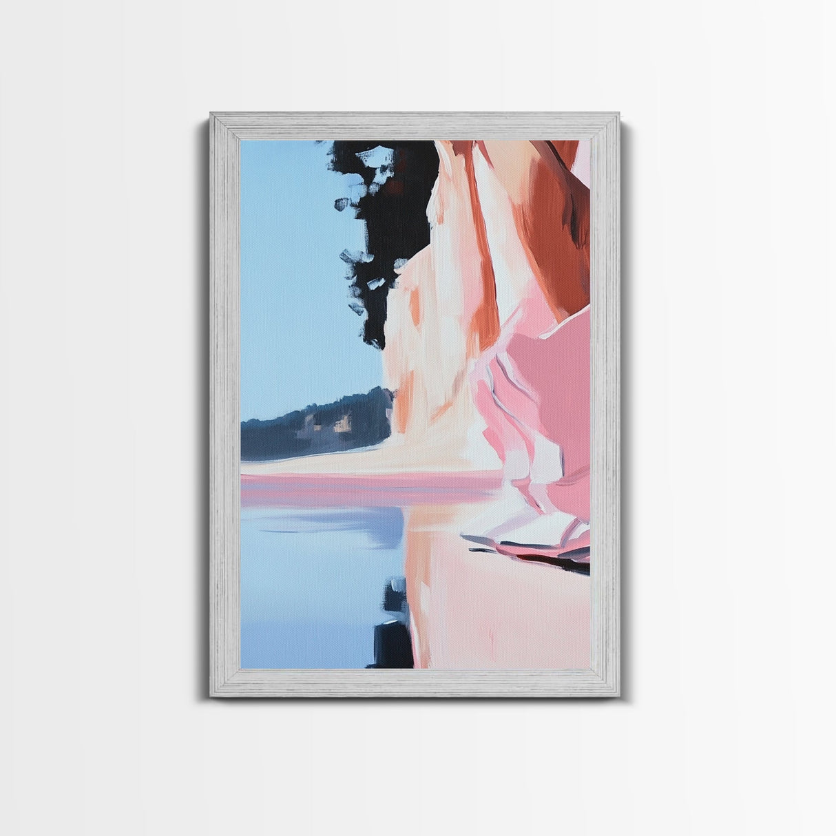 Lakeside Reflection, Calm Water Art, Serene Landscape, Pink and Blue Painting, Boho Minimalist Decor, Framed Canvas Print, Gift Idea