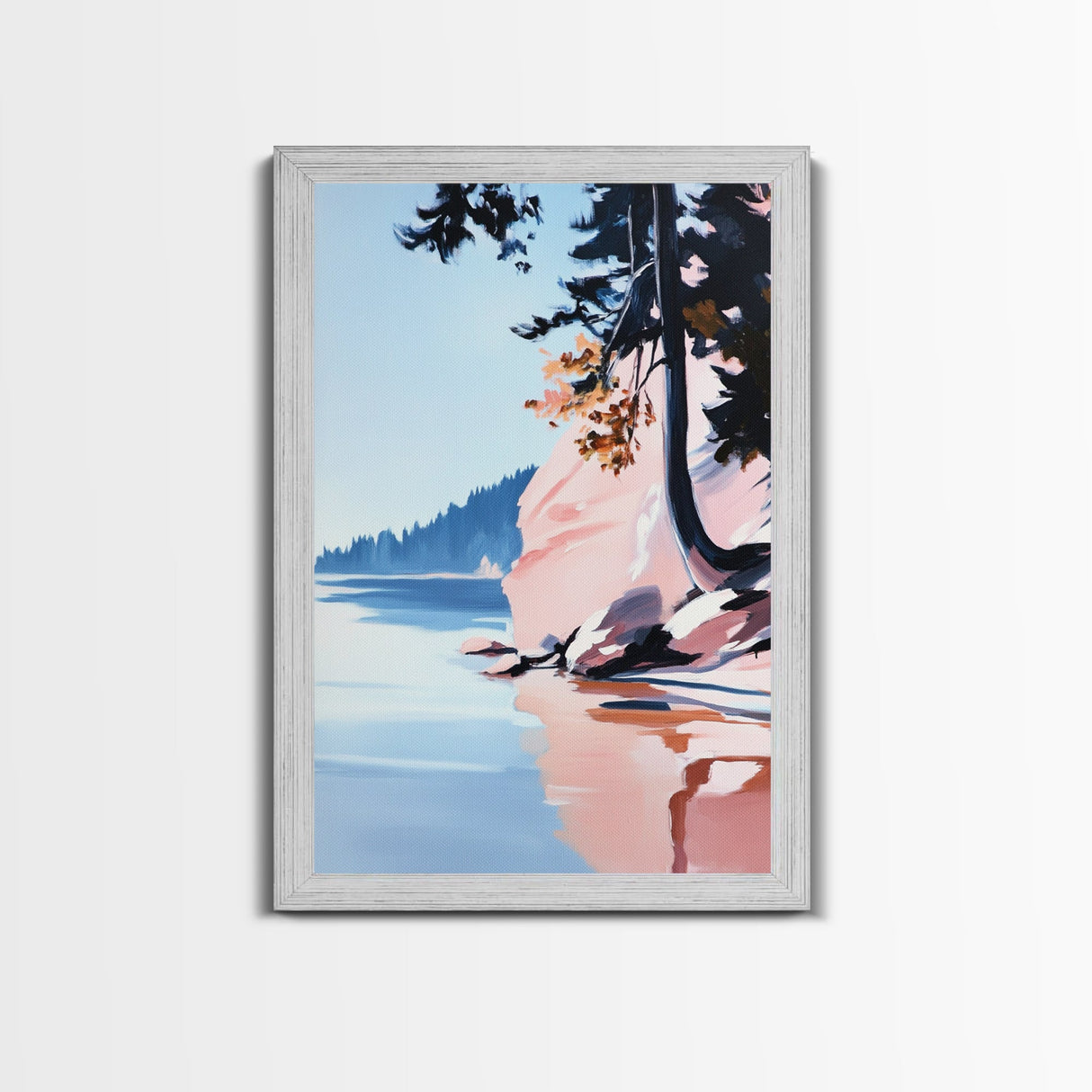 Lakeview Landscape Art, Serene Nature Print, Modern Forest Painting, Tranquil Coastal Scene, Framed Canvas Print, Living Room Wall Art