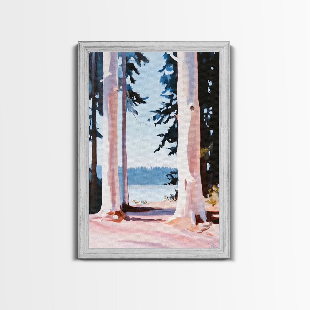 Forest Lake Scene, Tranquil Nature Painting, Minimalist Woodland Print, Blue and Pink Aesthetic, Framed Canvas Print, Bedroom Wall Art