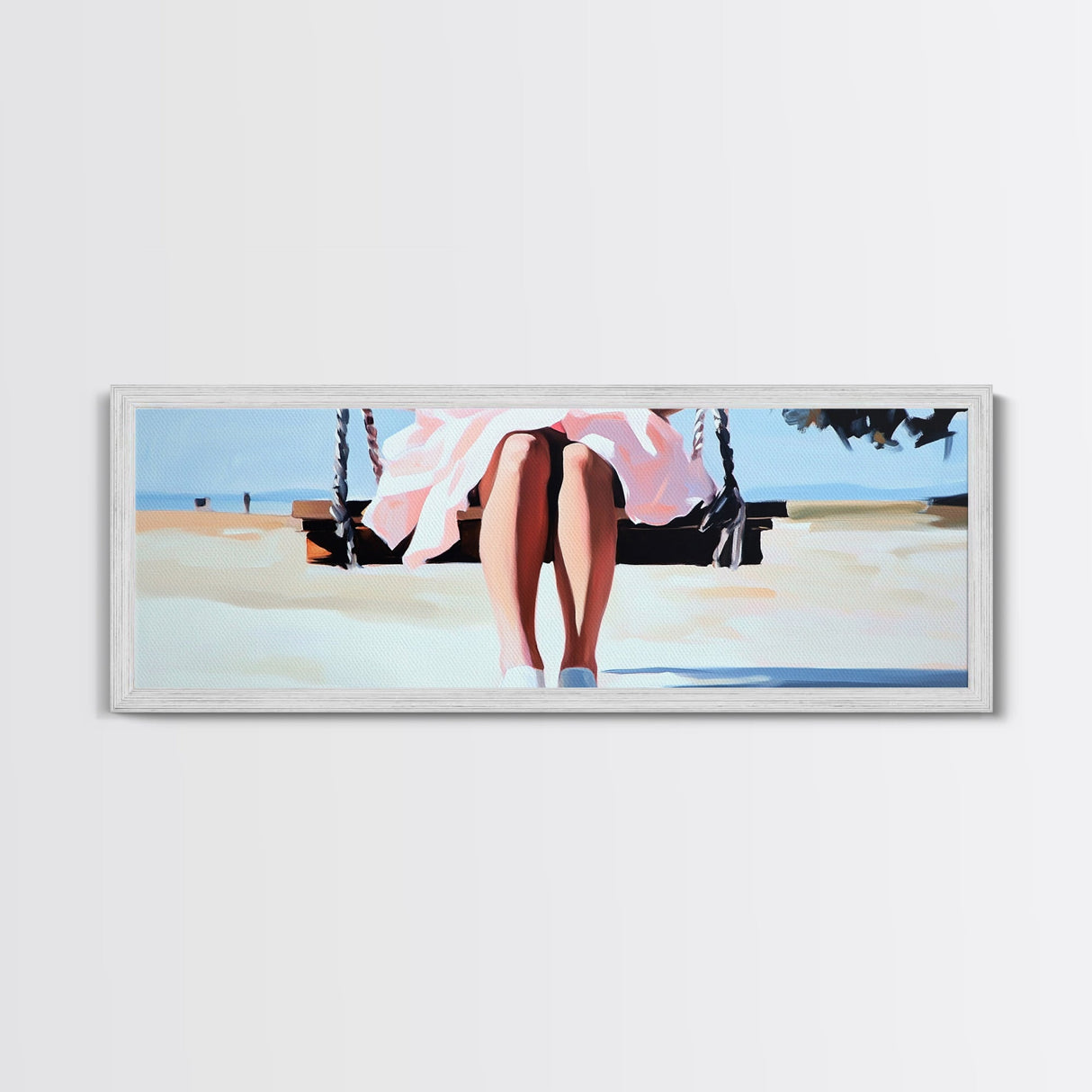 Swing By The Sea, Pastel Sky, Framed Canvas Print, Beach Wall Art, Minimalist Decor, Relaxing Aesthetic, Soft Tones, Coastal Living