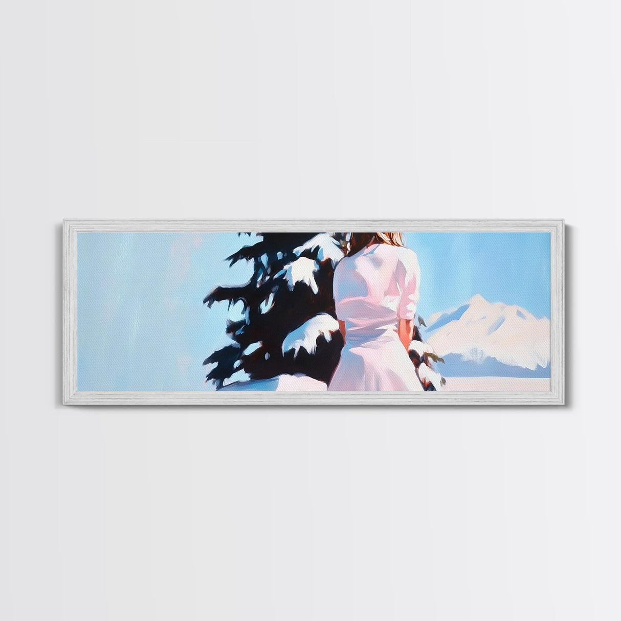 Winter Scene, Snowy Pines, Woman Outdoors, Framed Canvas Print, Christmas Wall Art, Cozy Winter Decor, Rustic Cabin Art, Nature