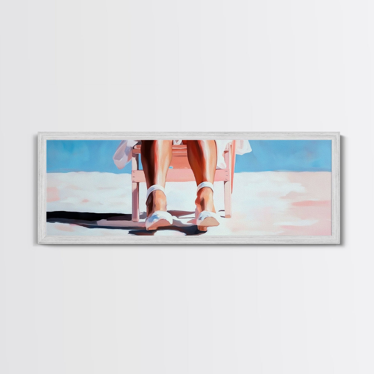 Woman Relaxing, Beach Chair Art, Coastal Summer Scene, Framed Canvas Print, Minimalist Boho Decor, Serene Seaside Home Artwork