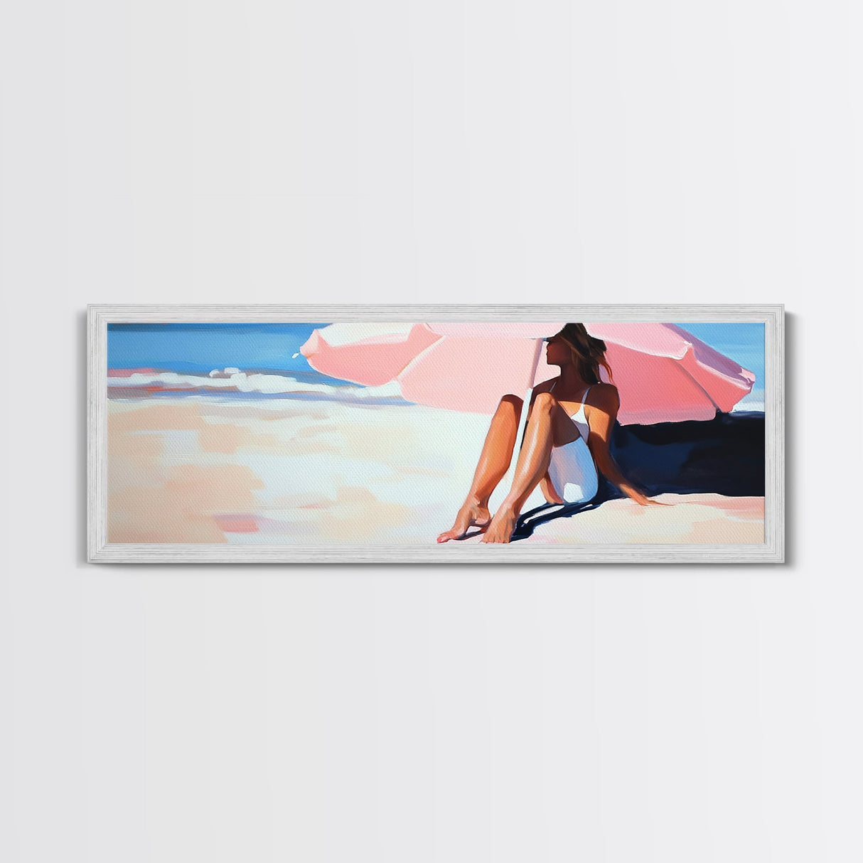 Woman Under Umbrella, Beach Relaxation, Summer Scene, Framed Canvas Print, Minimalist Boho Art, Seaside Wall Decor, Nautical Artwork
