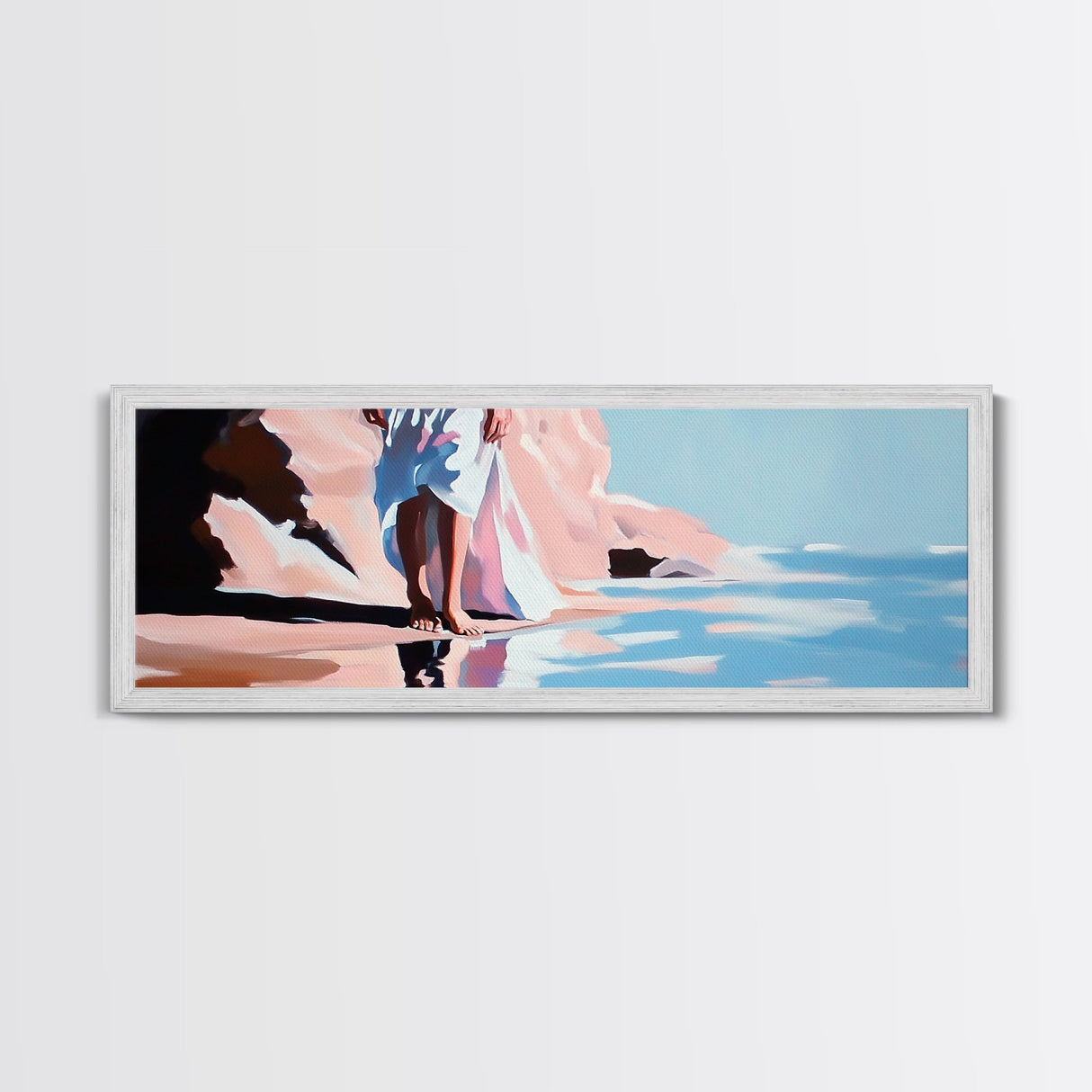 Woman Walking, Elegant Art, Coastal Chic, Bedroom Wall Art, Fashion Illustration, Soft Pastel Tones, Framed Canvas Print, Feminine Decor