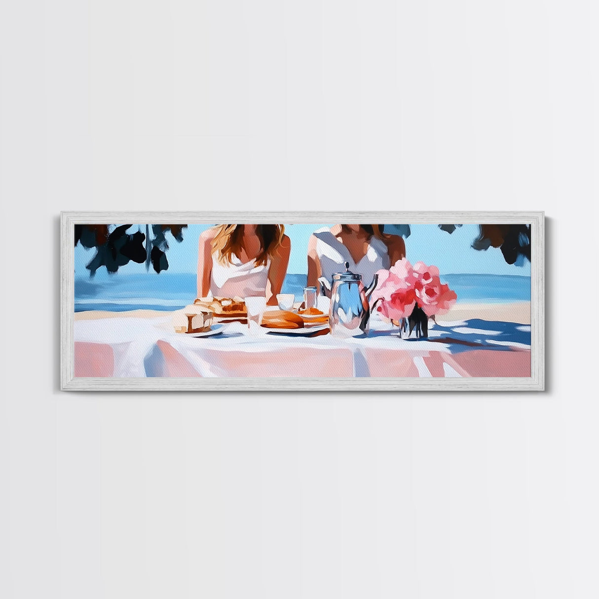 Ocean Picnic, Coastal Dining, Elegant Beach Scene, Pastel Seascape, Canvas Print, Living Room Art, Modern Nautical, Kitchen Wall Art