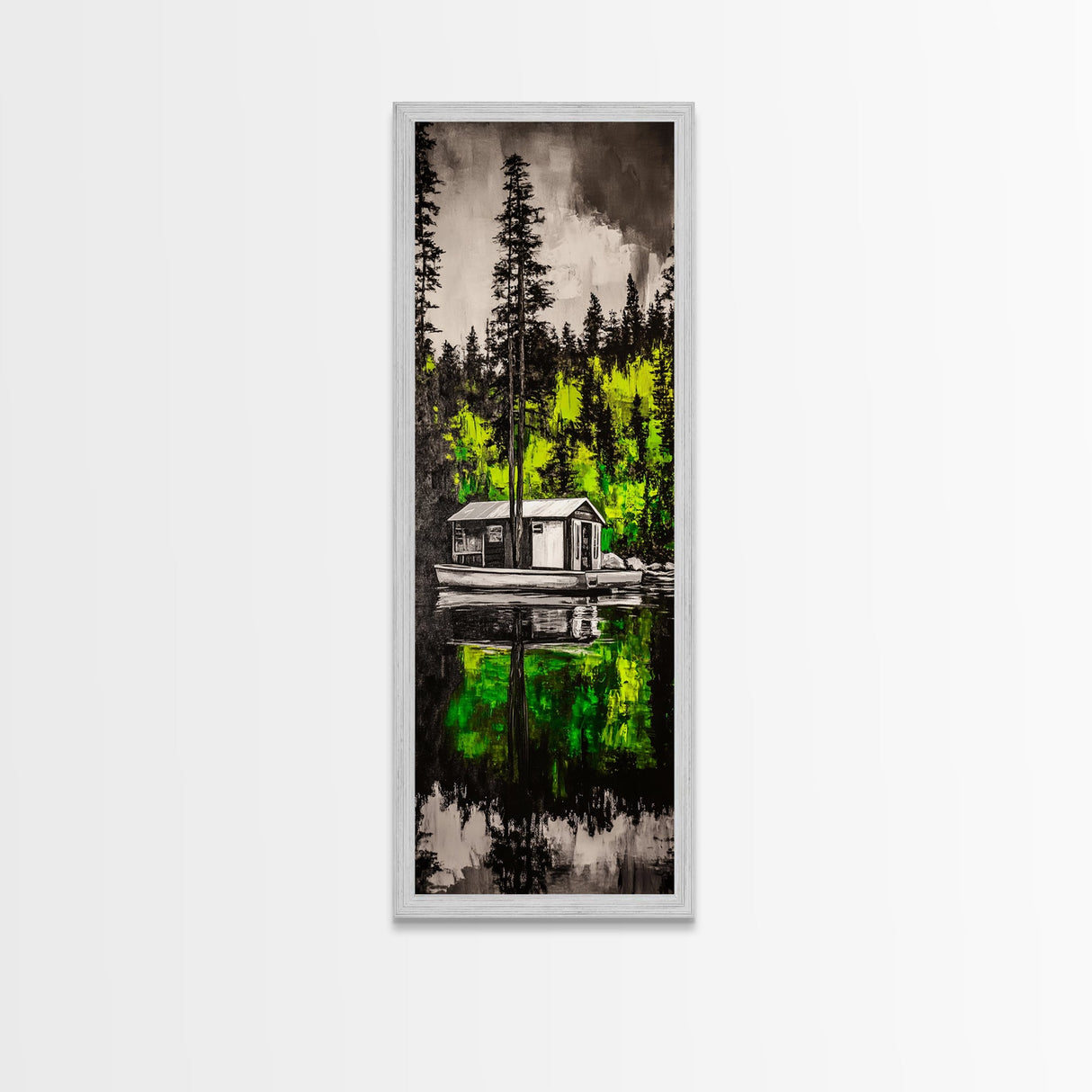 Forest Reflection, Cabin On Water, Tranquil Nature Scene, Woodsy Home Decor, Green Wall Art, Peaceful Landscape, Framed Canvas Print