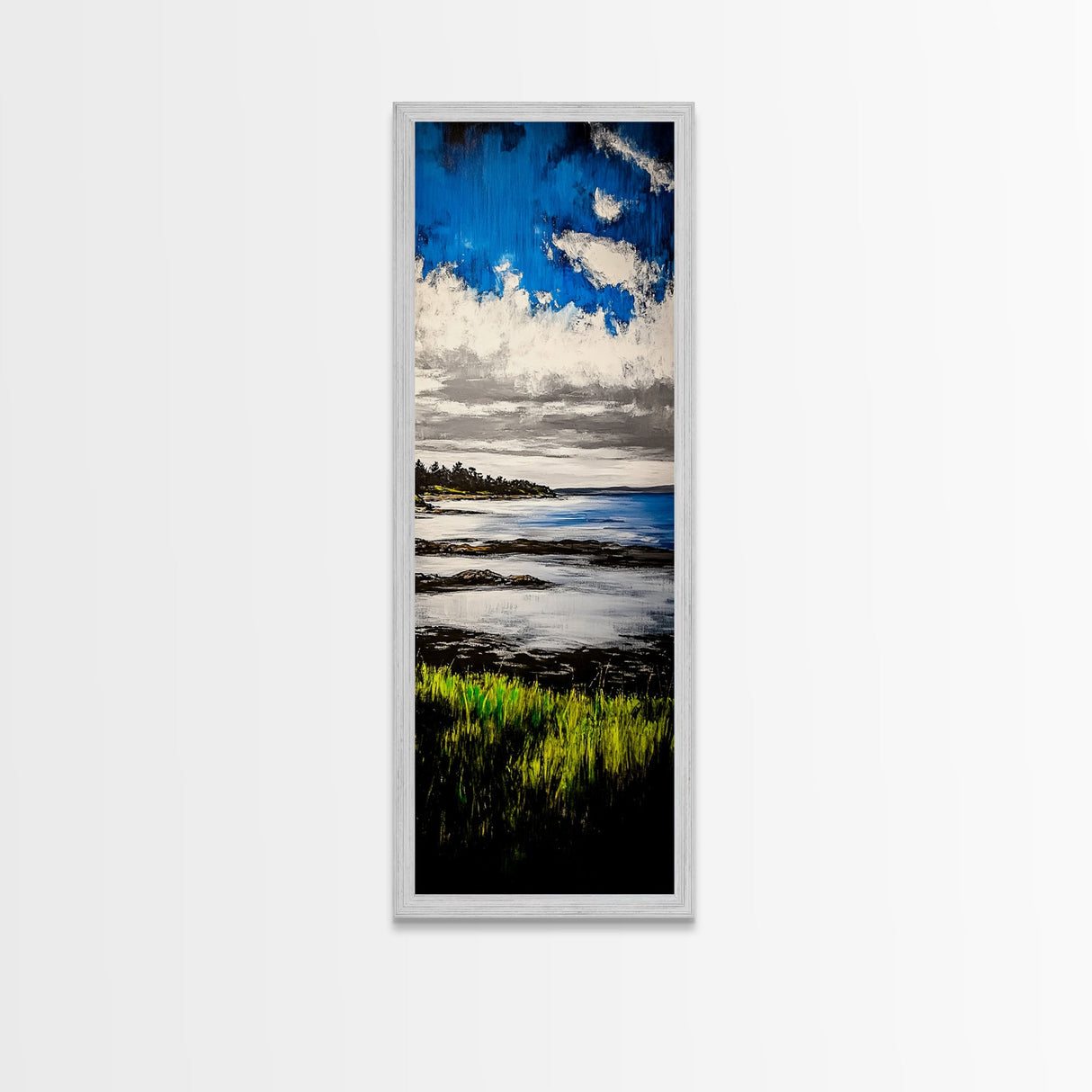 Tranquil Shore, Vibrant Blue Water, Serene Ocean View, Modern Coastal Decor, Beach House Aesthetic, Framed Canvas Print