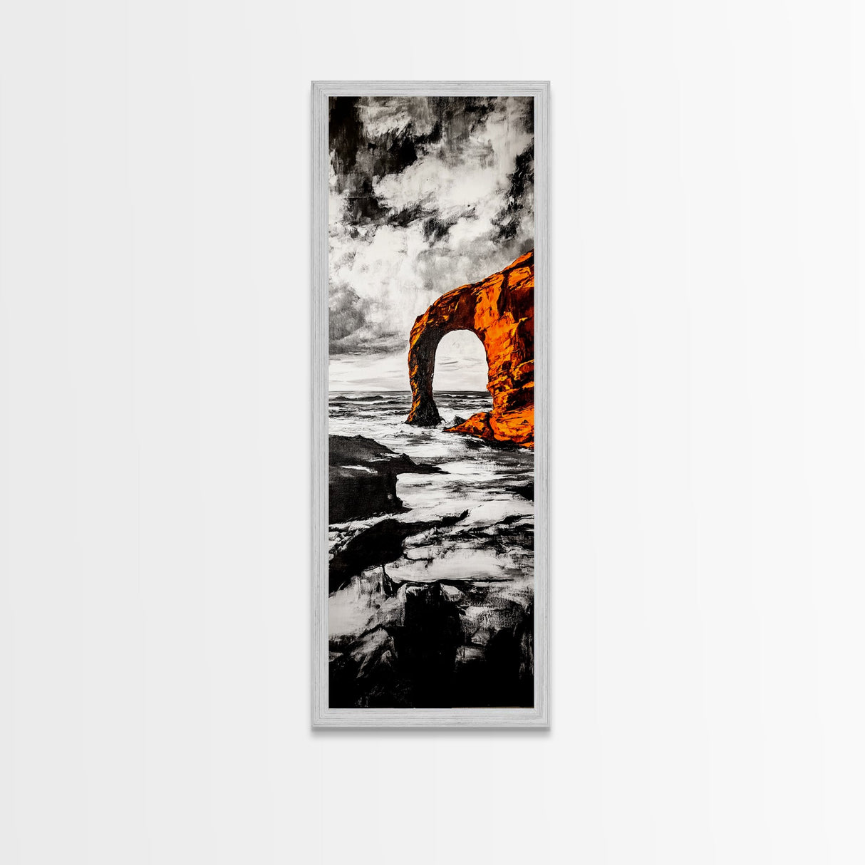 Rock Arch, Ocean Waves, Dramatic Seascape, Black and White Wall Decor, Living Room Art, Framed Canvas Print, Coastal Nature Artwork