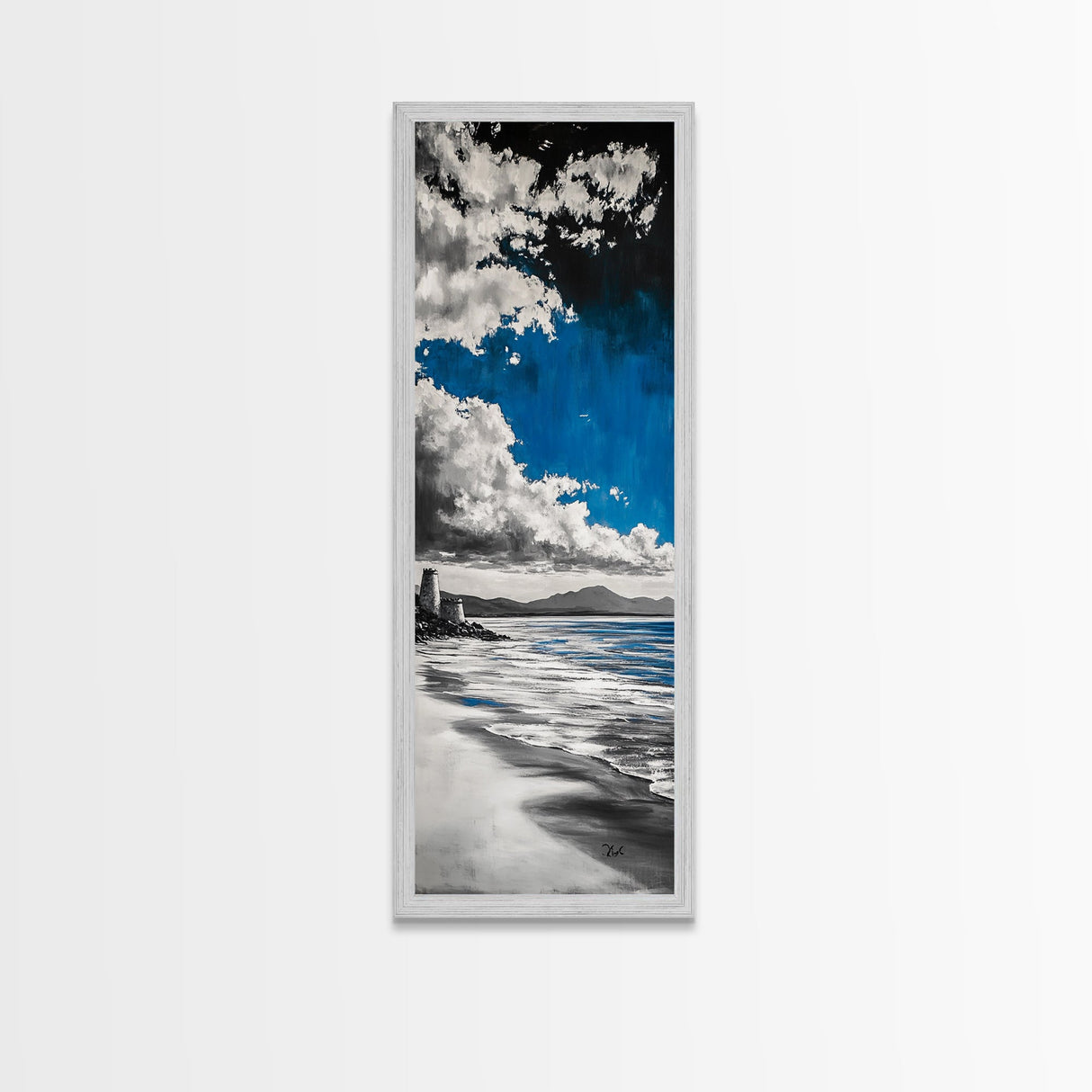 Castle Beach, Coastal Landscape, Blue Sky Painting, Framed Canvas Print, Nautical Decor, Living Room Art, Ocean Lover Gift