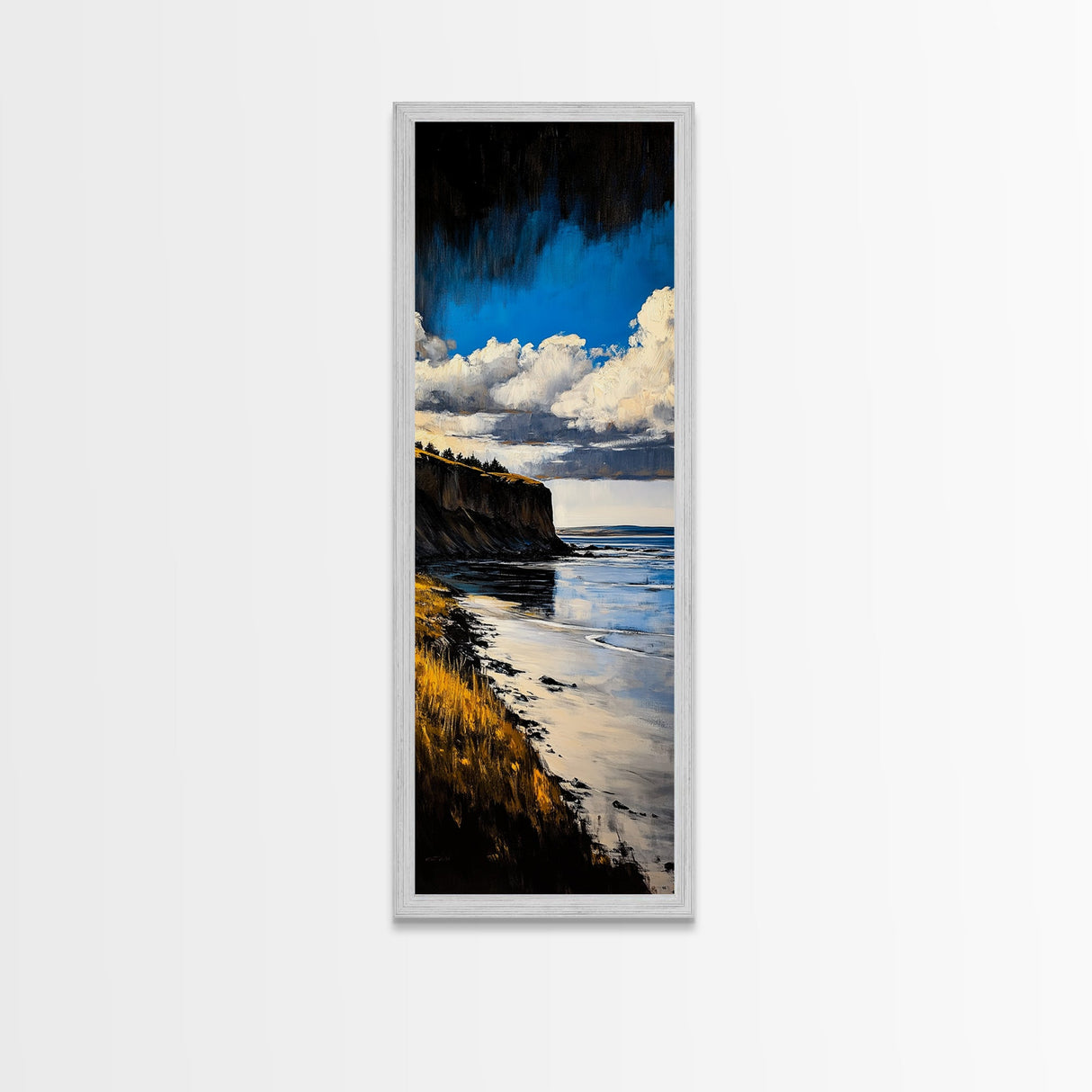 Coastal Cliff Art, Seaside Landscape Painting, Ocean View Wall Decor, Nature Home Design, Relaxing Beach Scene, Framed Canvas Print