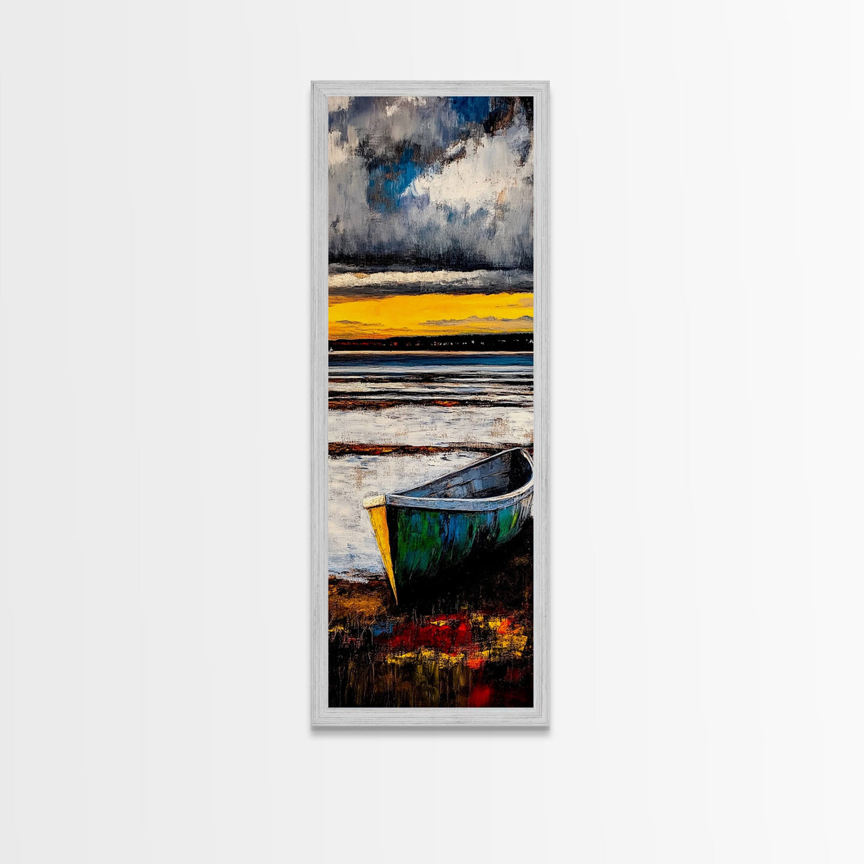 Boat on Shore, Sunset Painting, Coastal Decor, Nautical Wall Art, Framed Canvas Print, Living Room Art, Rustic Seascape, Ocean Scene