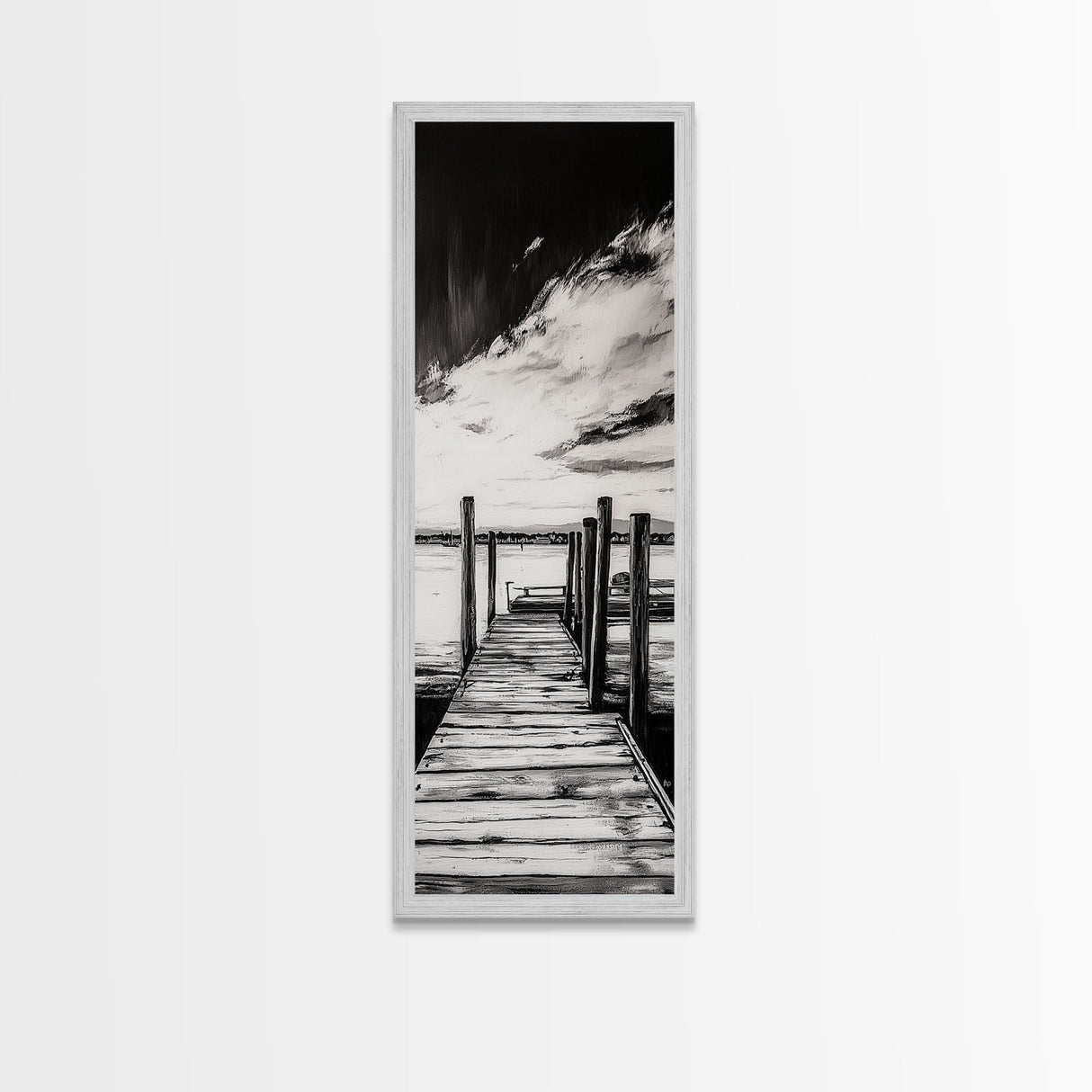 Wooden Dock, Black and White Lake Art, Rustic Cabin Wall Decor, Peaceful Waterfront Scene, Minimalist Landscape, Canvas Print