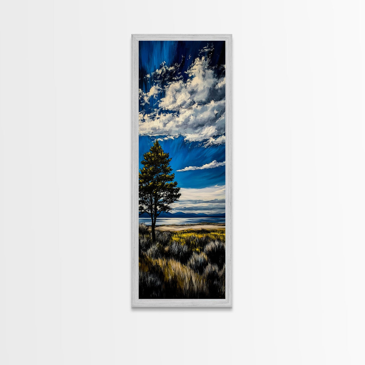 Serene Countryside Scene, Blue Sky Landscape, Peaceful Nature Art, Framed Canvas Print, Minimalist Home Decor, Bedroom Wall Art