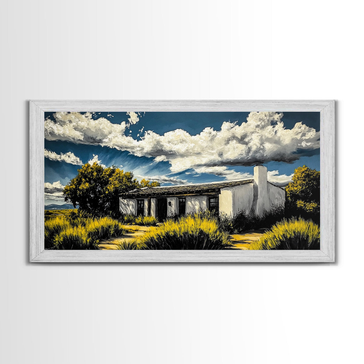Rustic Desert House, Southwest Wall Art, Western Home Decor, Texas Ranch Art, Adobe House Painting, Earthy Boho Art, Framed Canvas Print