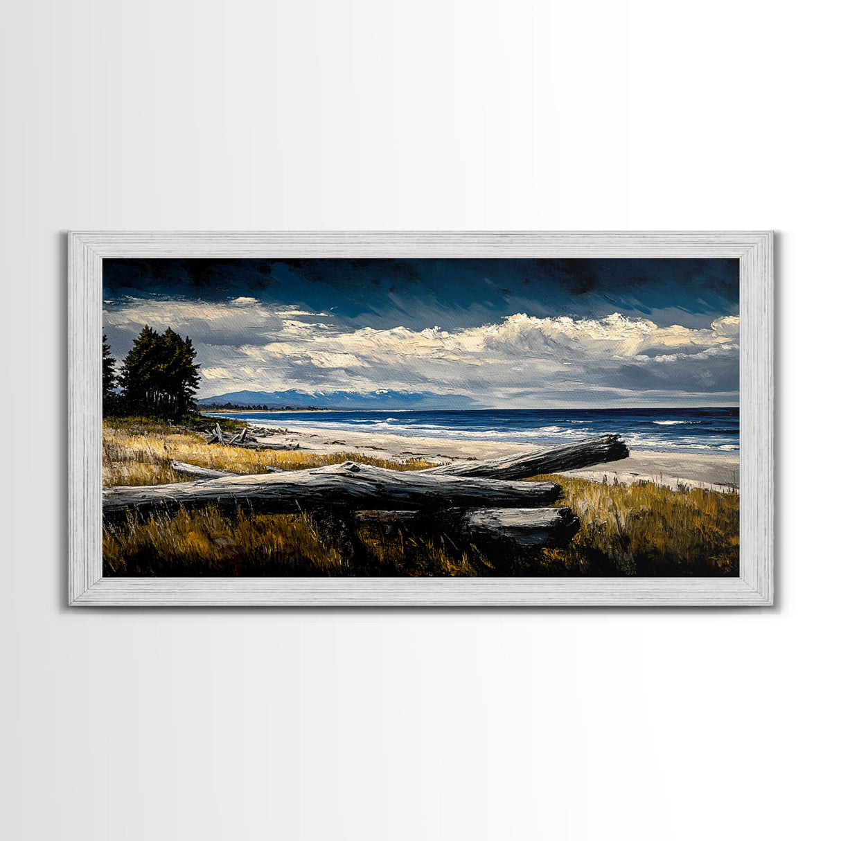 Seaside View, Dramatic Sky, Coastal Landscape, Nature Painting, Deep Blue Tones, Framed Canvas Print, Beach House Decor, Living Room Art