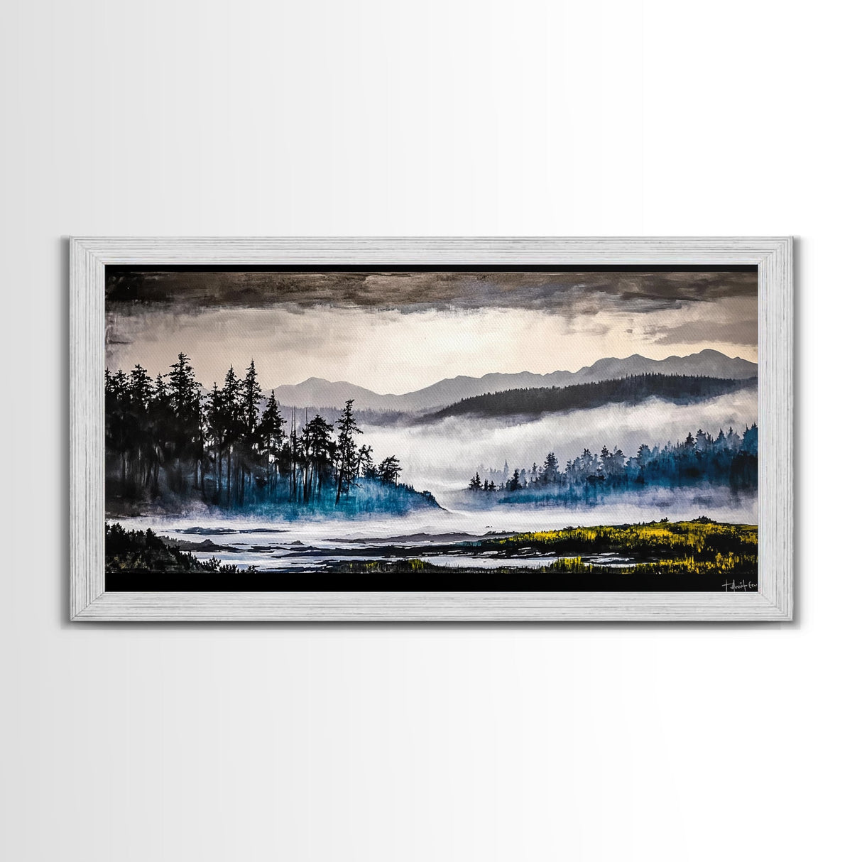 Misty Forest, Foggy Mountains, Tranquil Nature, Framed Canvas Print, Nordic Wall Art, Living Room Decor, Large Landscape, Moody Home Art