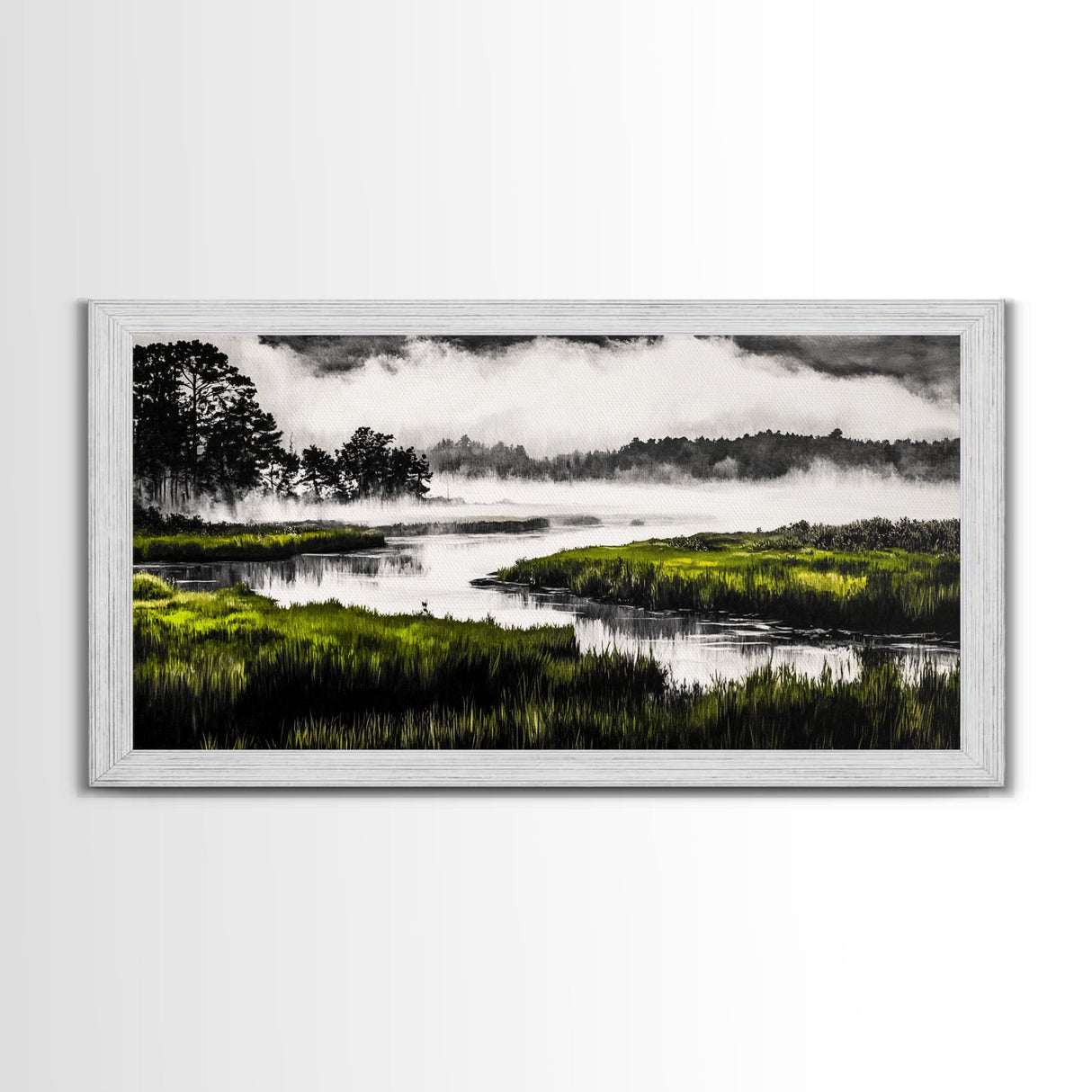 Misty Marsh, Green Landscape, Nature Lover Art, Framed Canvas Print, Serene Wall Art, Living Room Art, Minimalist Decor