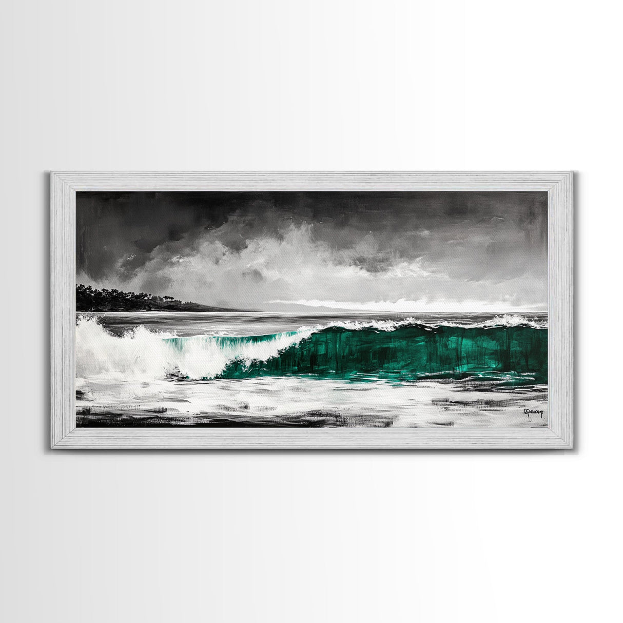 Green Ocean Wave, Dramatic, Black and White, Framed Canvas Print, Coastal Wall Art, Surfer Decor, Beach House Art, Nautical Decor