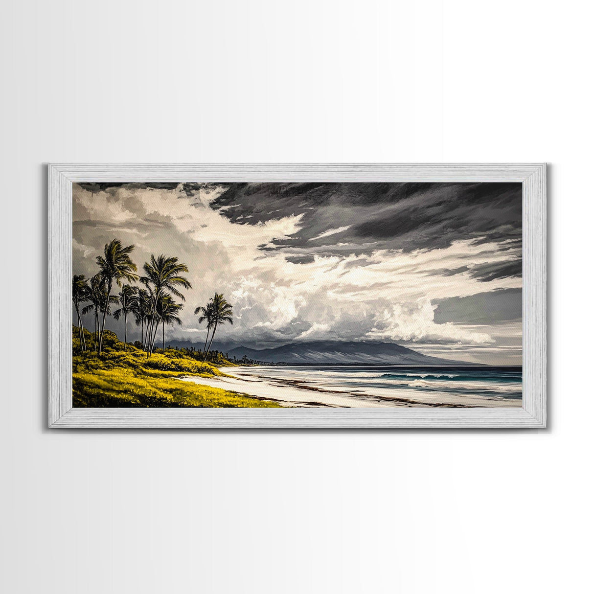 Tropical Beach Painting, Palm Trees Wall Art, Vibrant Coastal Canvas Print, Ocean Inspired Artwork, Living Room Decor, Framed Canvas Print