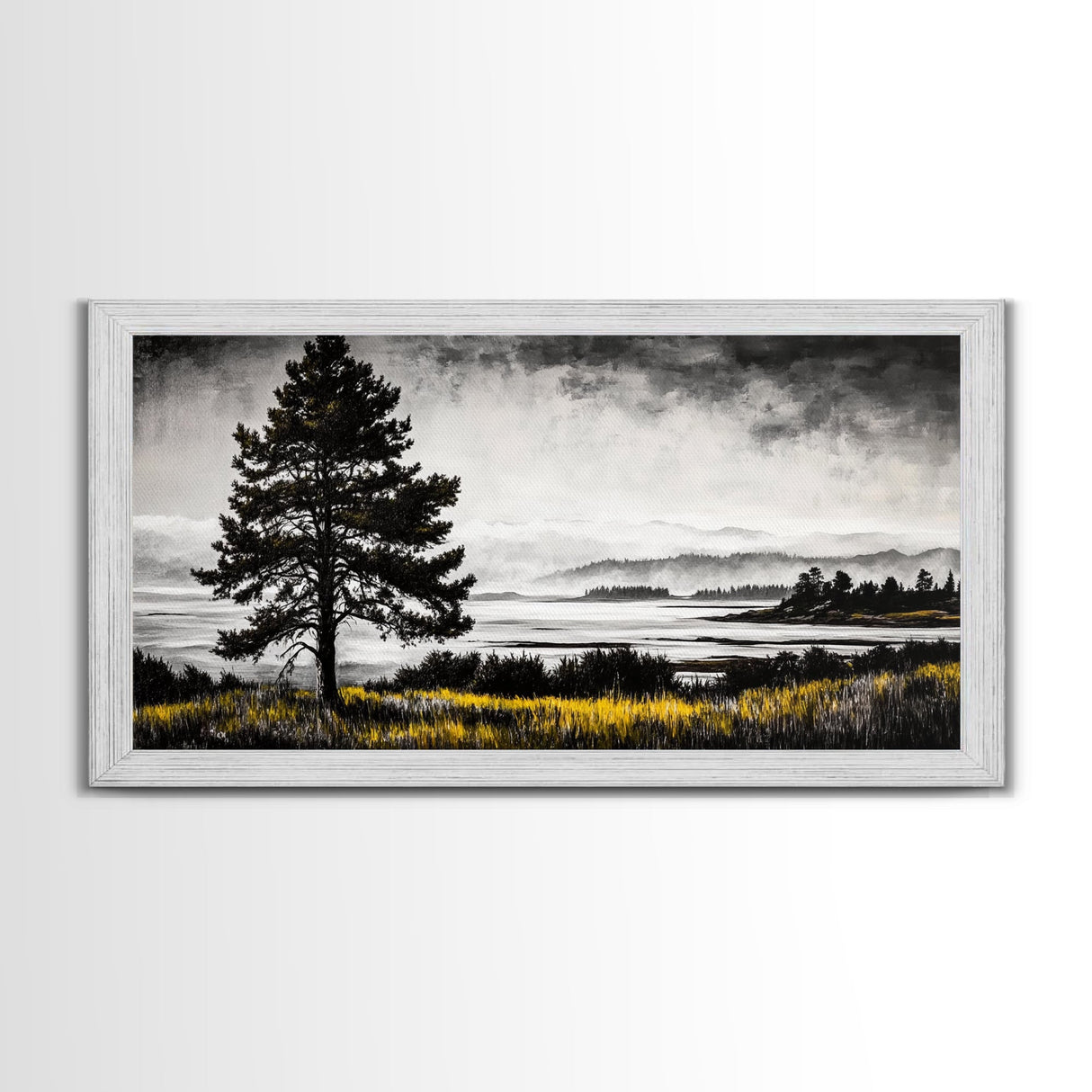 Foggy Pine Tree Art, Landscape Canvas Print, Black and White Painting, Autumn Wall Decor, Cabin Inspired Artwork, Framed Canvas Print