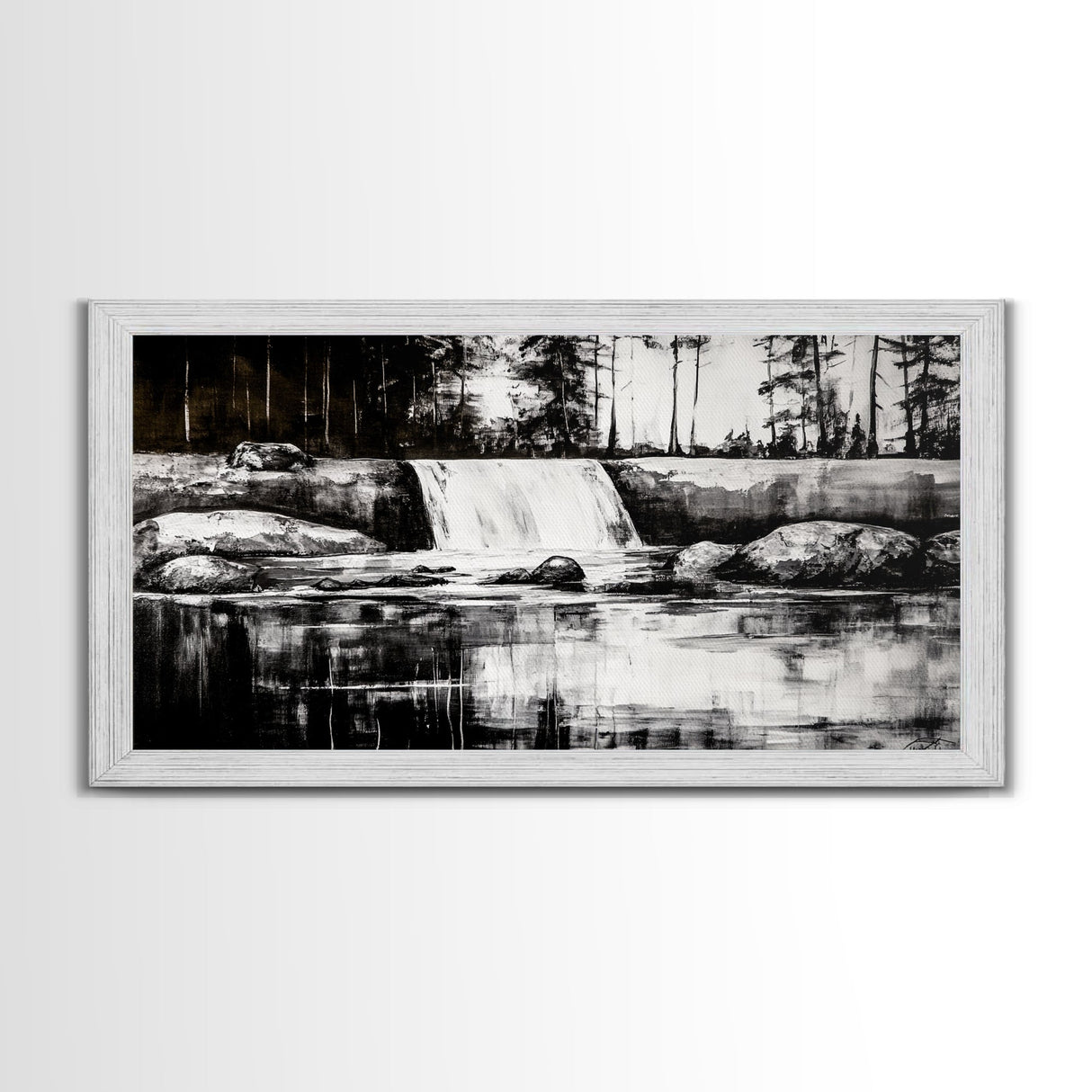 Waterfall Landscape, Black and White Nature Art, Forest Wall Decor, Rustic Art, Minimalist Landscape, Cabin Artwork, Framed Canvas Print