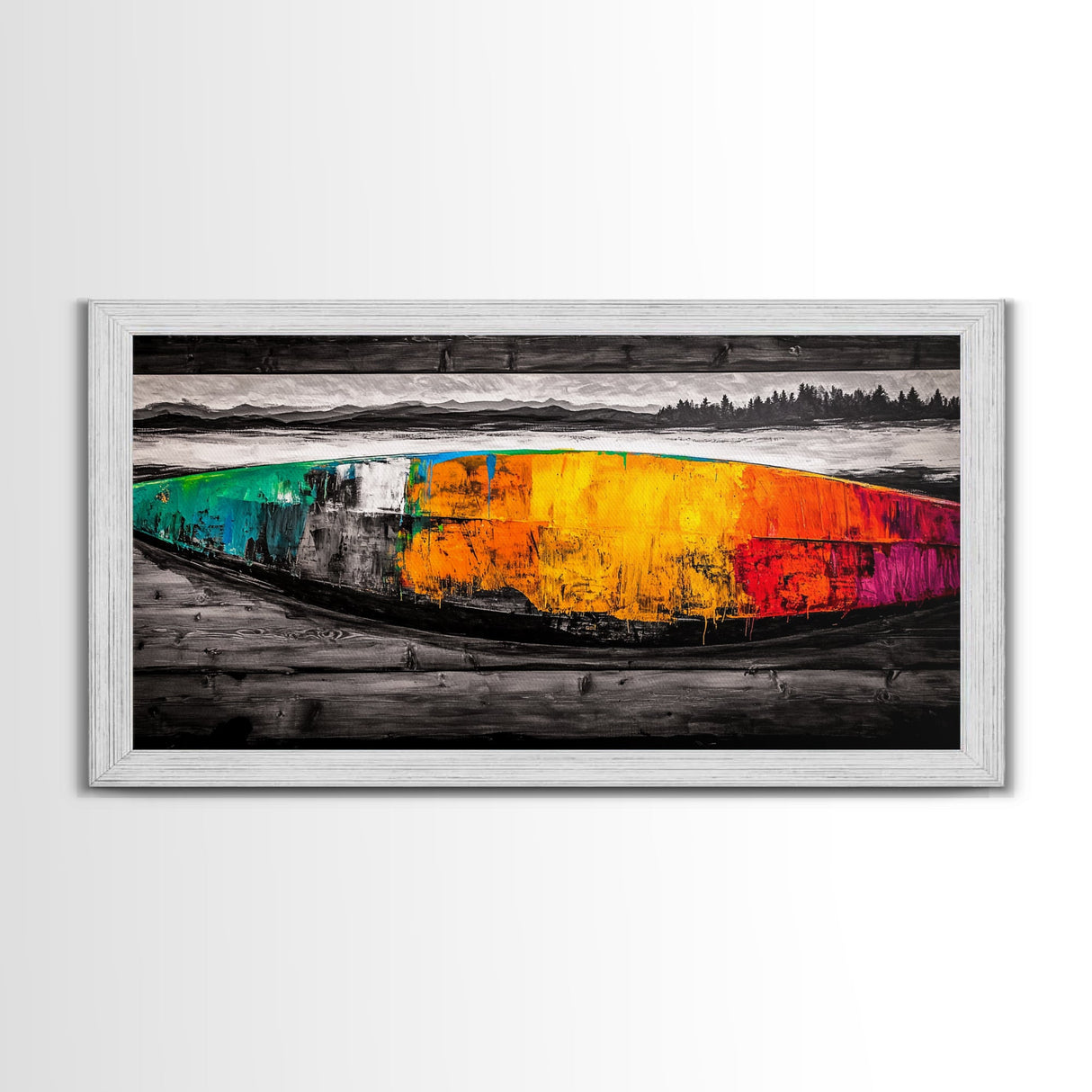 Abstract Canoe, Vibrant Boat Painting, Coastal Art, Modern Boho Decor, Colorful Wall Art, Framed Canvas Print, Dining Room Accent