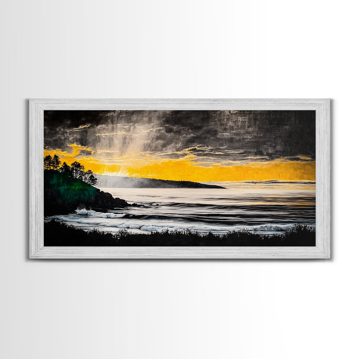 Golden Sunset, Coastal Painting, Dramatic Sky, Framed Canvas Print, Seascape Wall Art, Contemporary Art, Bedroom Wall Decoration