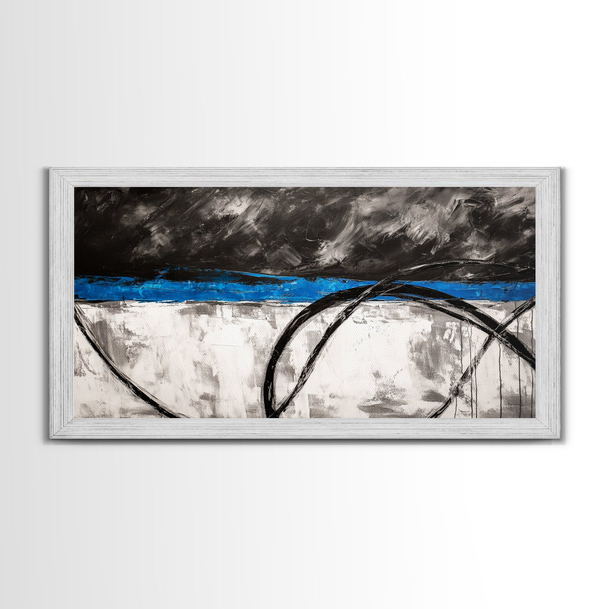 Blue Horizon, Abstract Lines, Framed Canvas Print, Minimalist Painting, Office Wall Art, Geometric Decor, Black and White Aesthetic