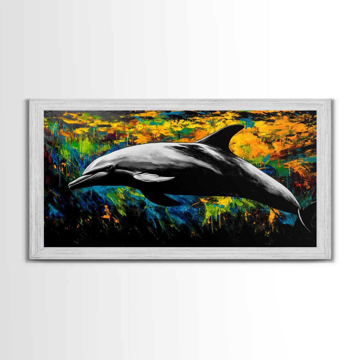 Dolphin, Ocean, Vibrant, Abstract, Framed Canvas Print, Colorful Sea Life Wall Art, Coastal Decor, Beach House Art, Nautical Theme