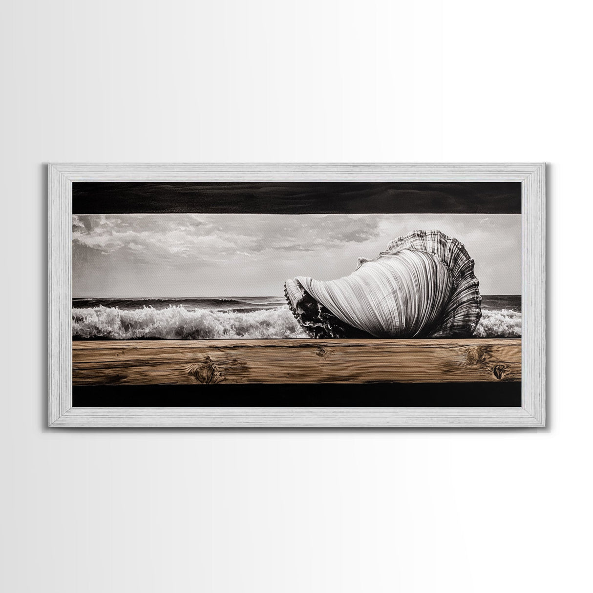 Seashell and Waves, Nautical Art, Coastal Beach Decor, Black and White Seascape, Ocean Home Art, Framed Canvas Print, Elegant Art