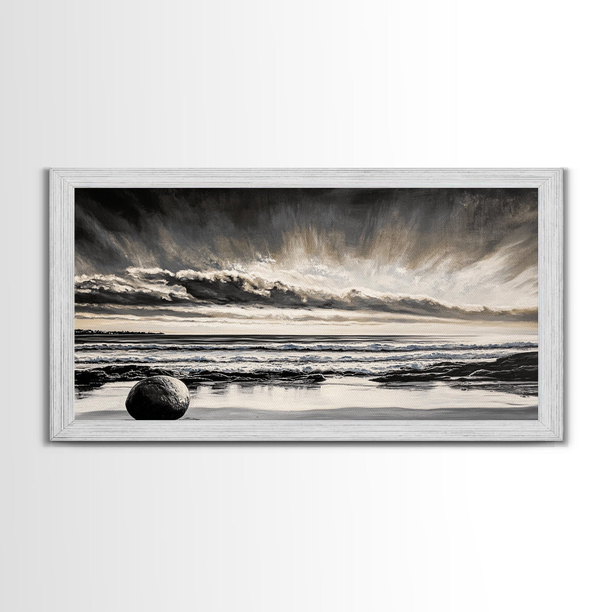 Moody Beach, Black White, Ocean Sunset, Canvas Print, Dramatic Seascape, Coastal Wall Art, Relaxing Home Decor, Living Room Artwork