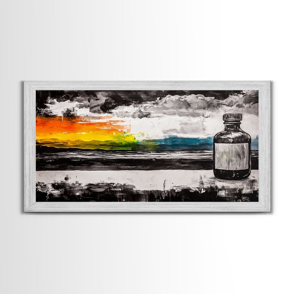 Medicine Bottle, Surreal Art, Sunset Print, Framed Canvas Print, Dreamy Landscape, Modern Wall Decor, Eclectic Art, Office Artwork