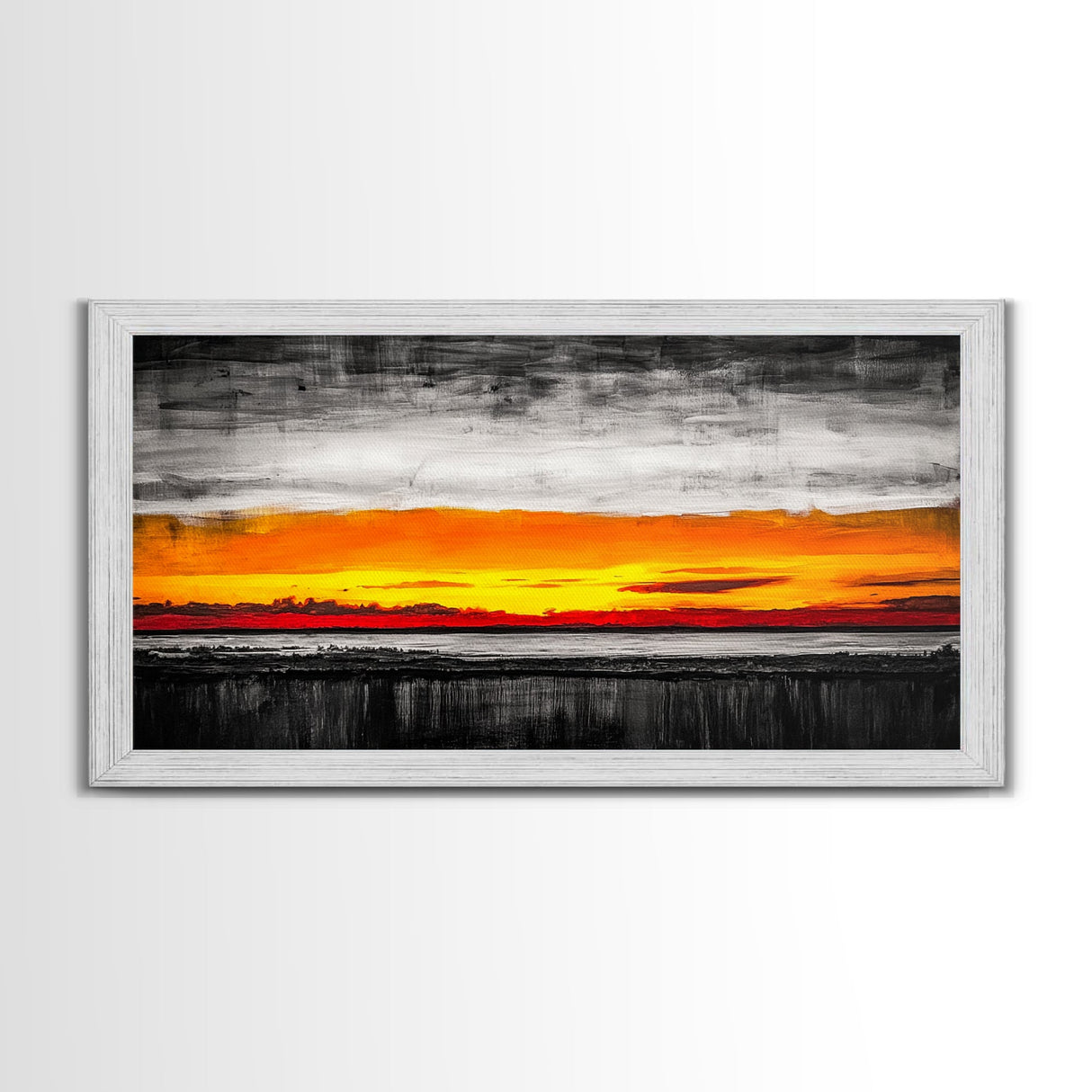 Fiery Sunset, Dramatic Sky, Abstract Landscape, Bold Colors, Modern Expressionism, Vibrant Wall Decor, Warm Tones, Framed Canvas Print