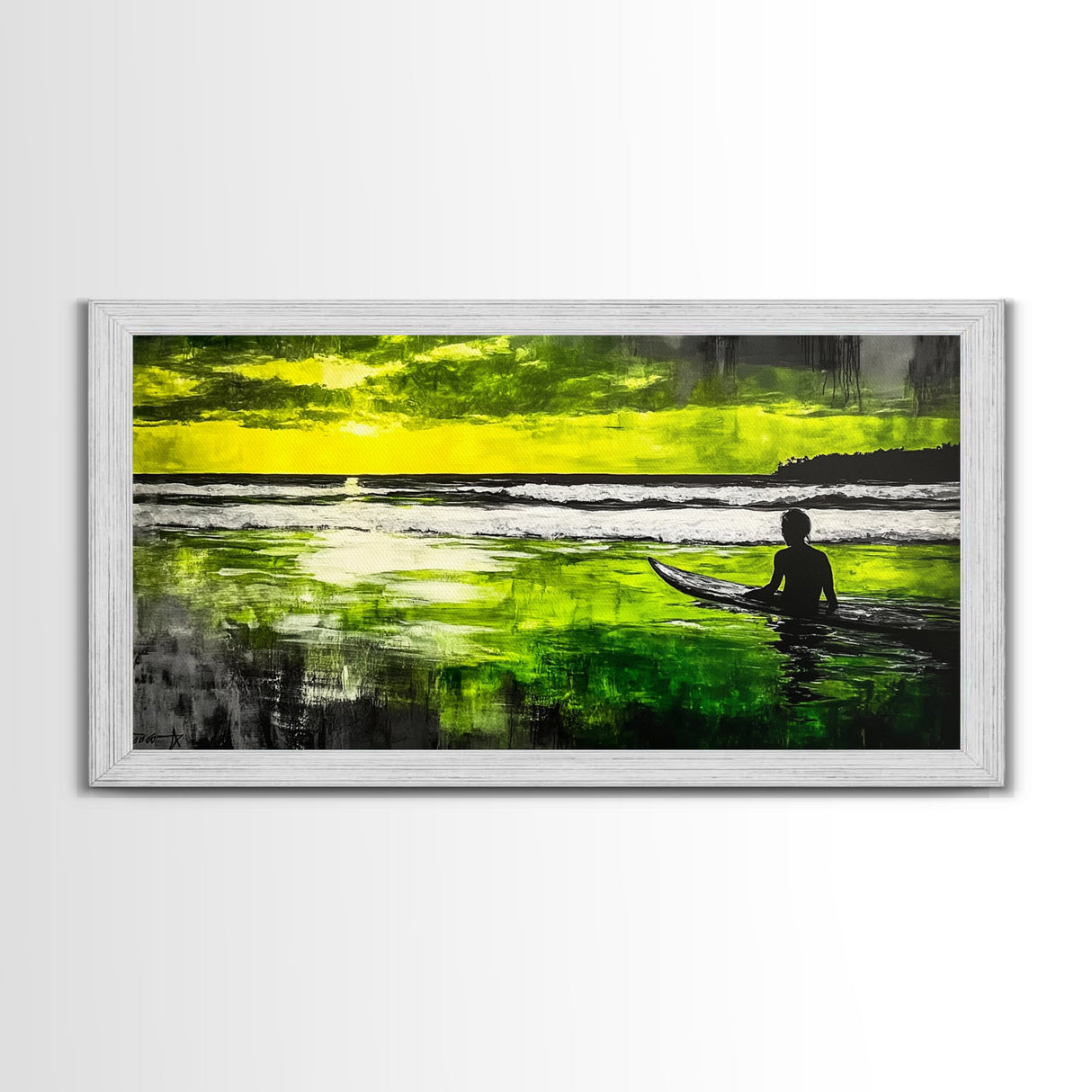 Surfer Waiting, Ocean Art, Tropical Canvas Print, Vibrant Green, Modern Wall Art, Surfing Decor, Beach House Vibes, Coastal Painting