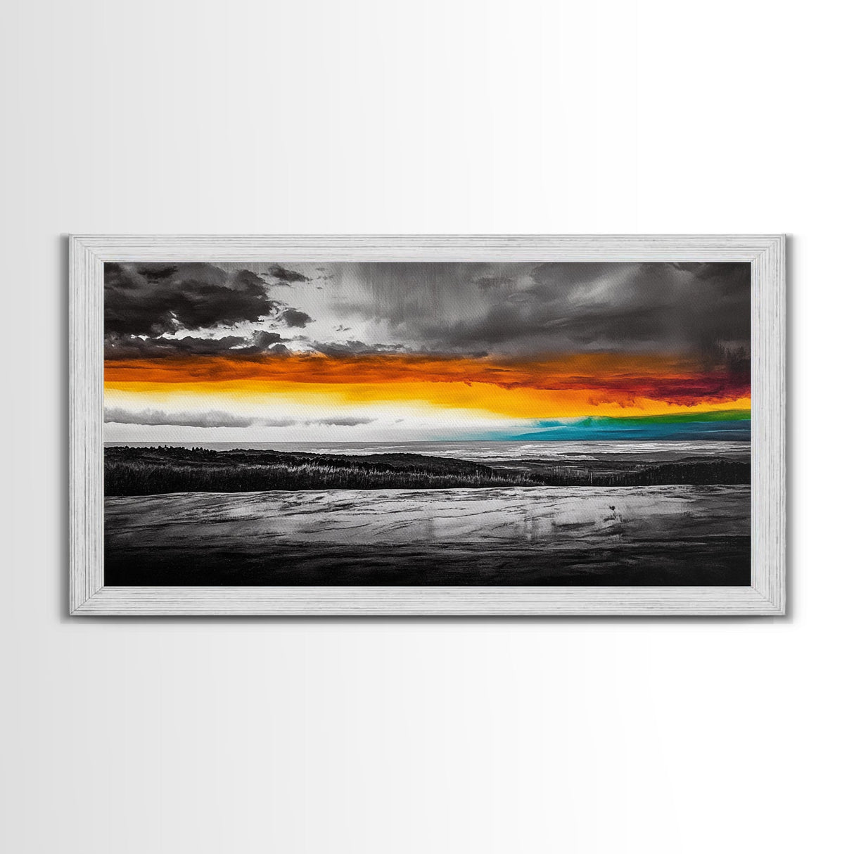 Sunset Horizon, Dramatic Sky, Abstract, Modern Nature Art, Living Room Wall Art, Framed Canvas Print, Colorful Painting, Scenic View
