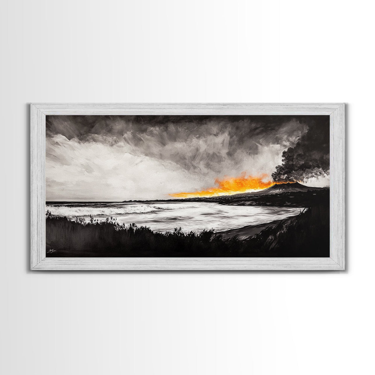 Volcano Eruption, Dramatic Landscape Art, Black and White Wall Art, Fiery Sunset Painting, Large Framed Canvas Print, Office Decor