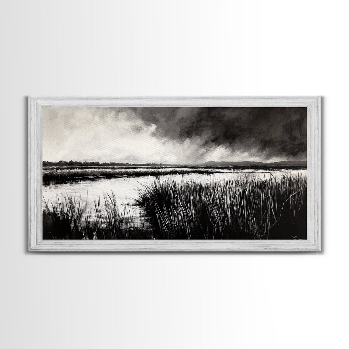 Marshland Landscape, Moody Black and White Art, Nature Wall Decor, Large Framed Canvas Print, Serene Wetlands Painting