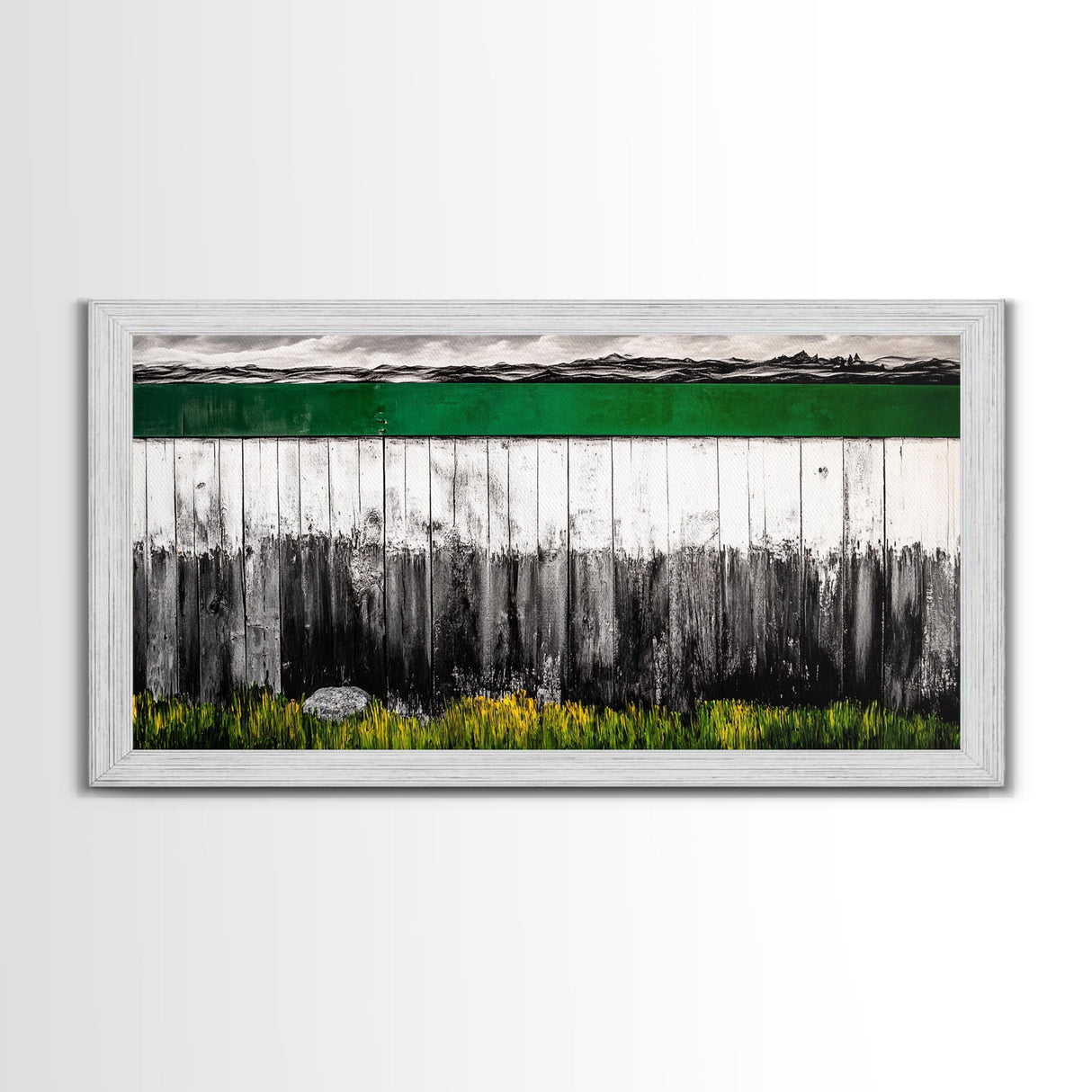 Rustic Fence, Green Landscape, Modern Country Art, Black and White with Color, Nature Inspired, Farmhouse Decor, Serene View, Canvas Print