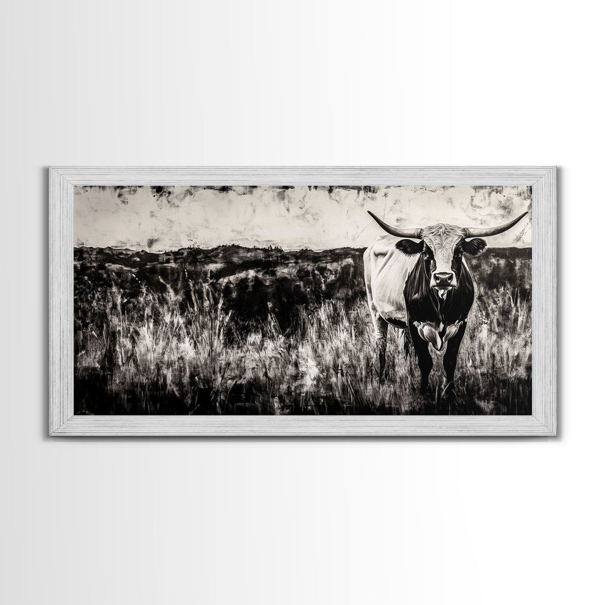 Texas Longhorn, Rustic Farmhouse, Black and White Western Art, Framed Canvas Print, Country Home Decor, Rustic Living Room Wall Art