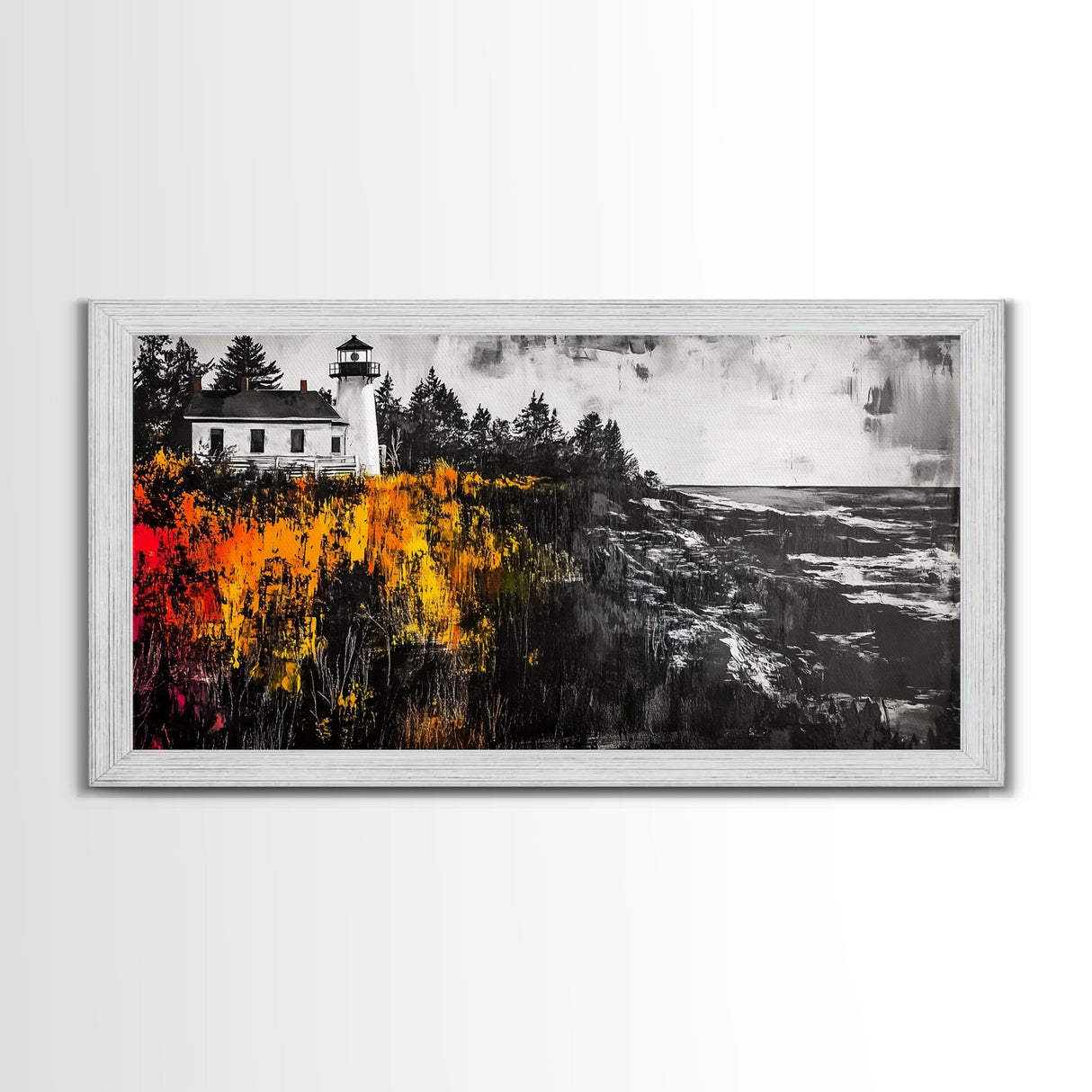 Lighthouse Cliff, Ocean Waves, Autumn Colors, Framed Canvas Print, Rustic Home Decor, Beach House Art, Nautical Wall Art, Fall Aesthetic